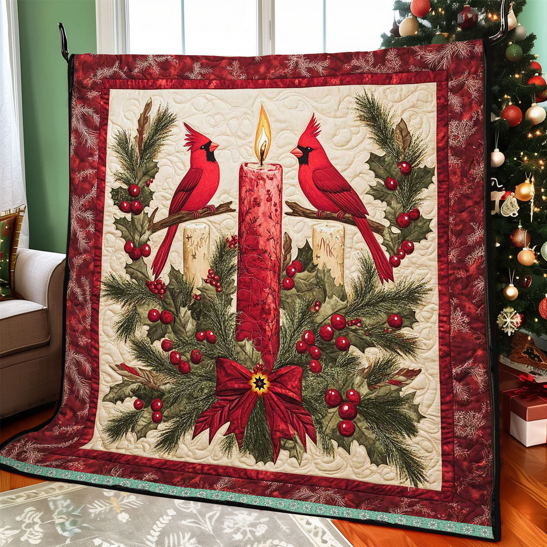Cardinal Christmas Candle Quilt Blanket