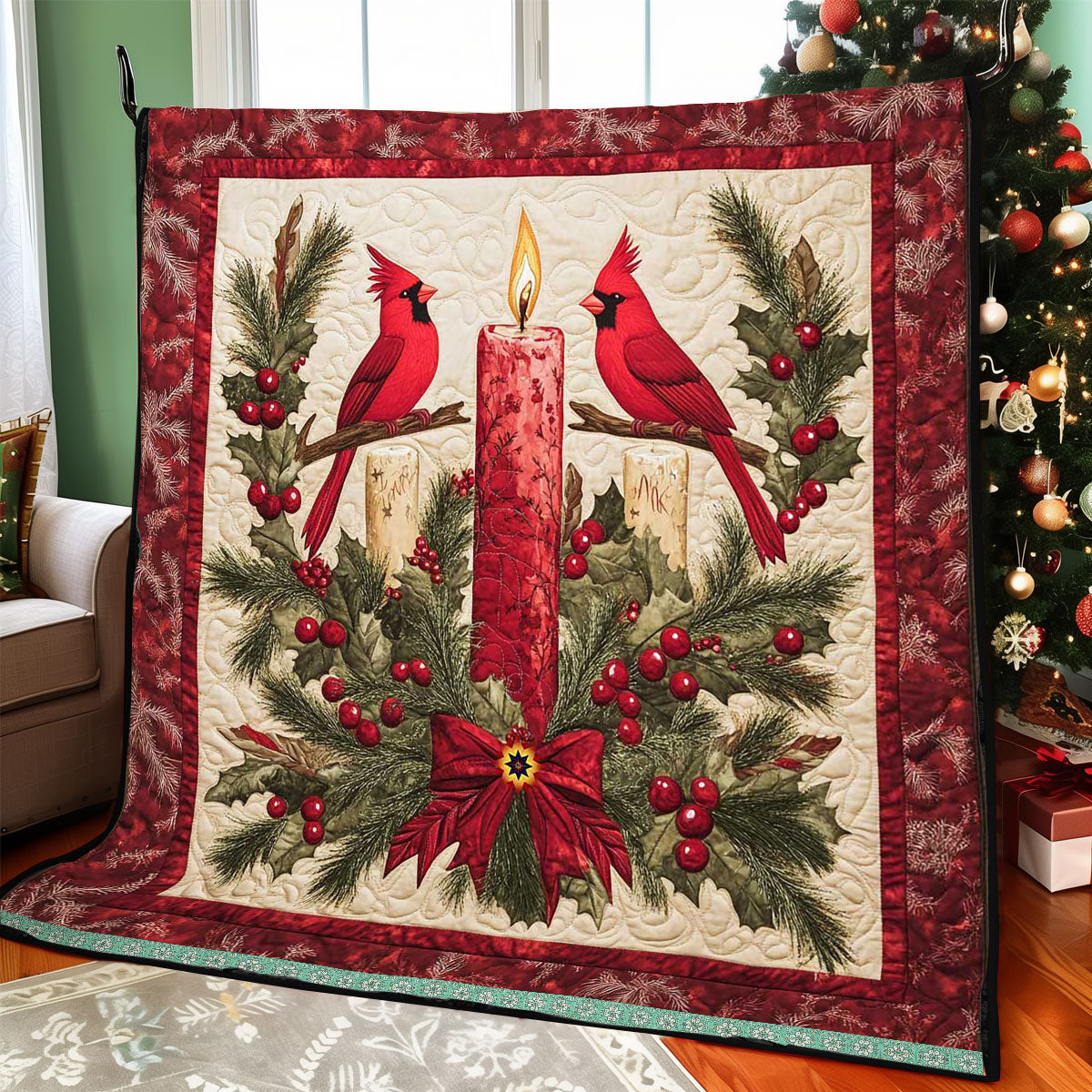 Cardinal Christmas Candle Quilt Blanket