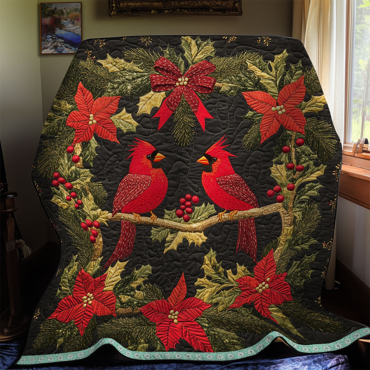 Cardinal Poinsettia Winter Wonderland Quilt Blanket