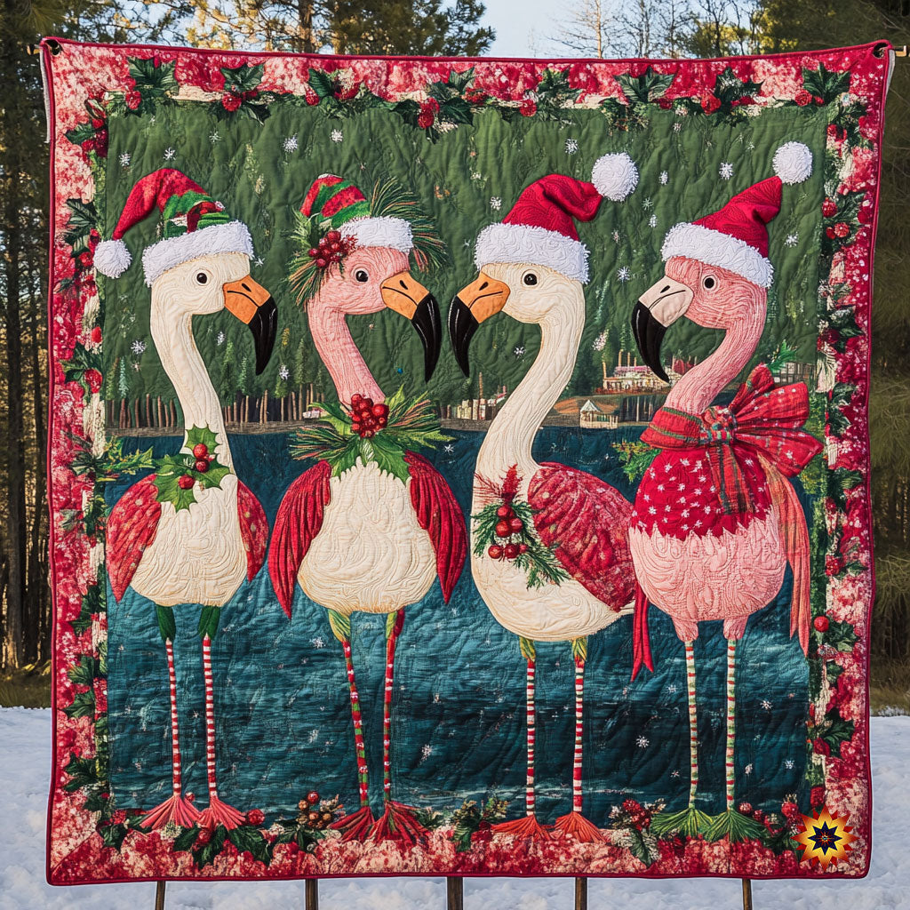 Christmas Holiday Flamingo Quilt Blanket