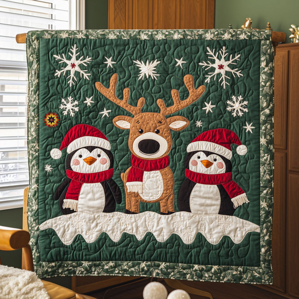 Christmas Reindeer And Penguin Woodland Retreat Quilt Blanket