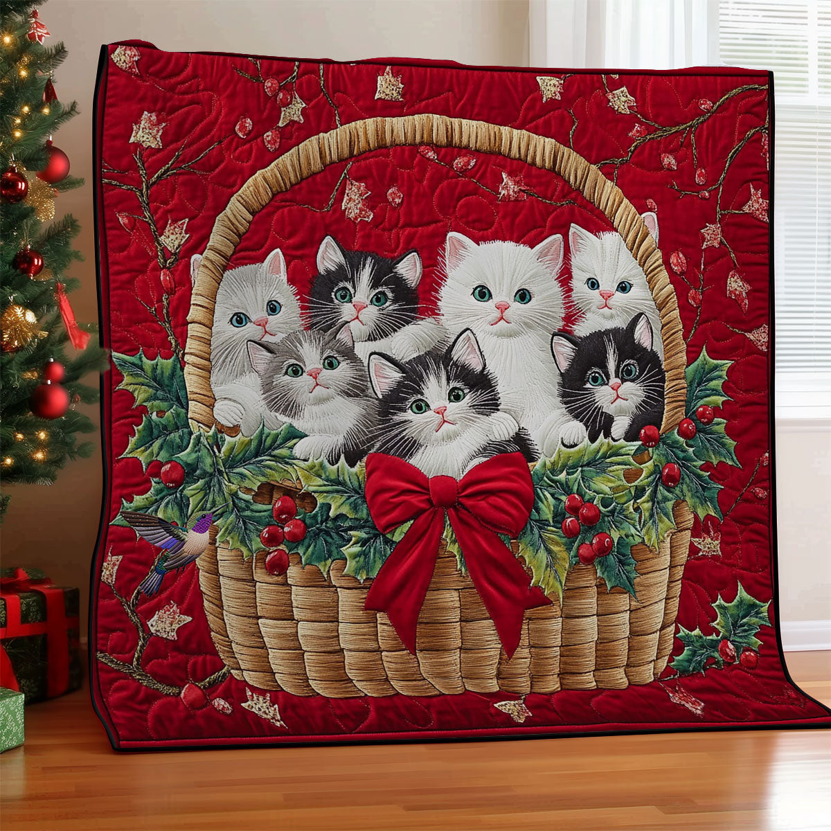 Christmas Basket Kitten Quilt Blanket