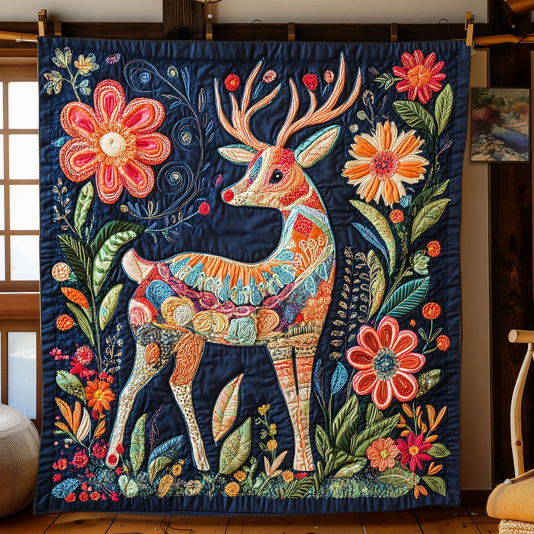Floral Deer Rustic Comfort Quilt Blanket