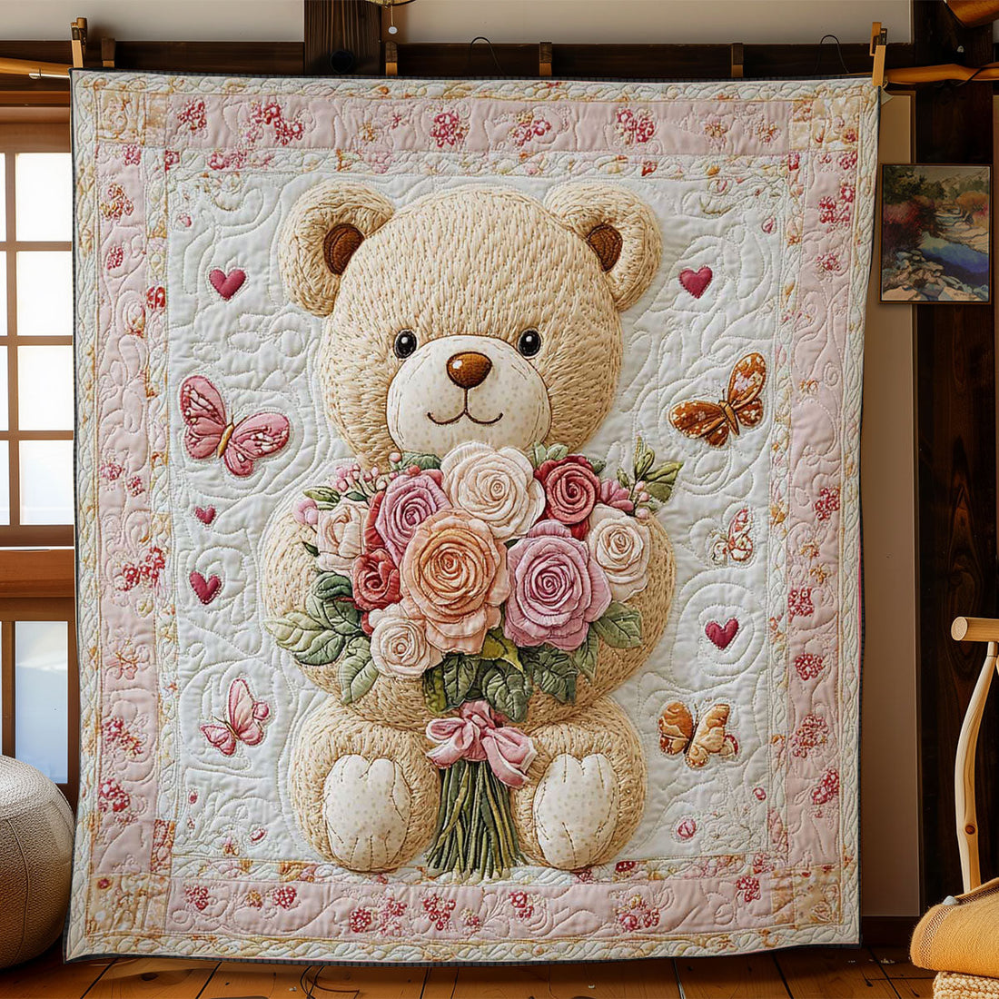 Floral Bear Love Quilt Blanket