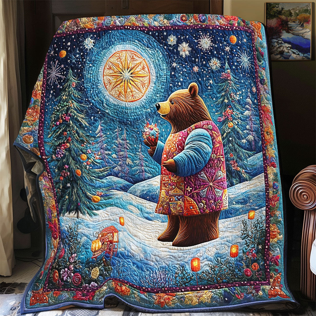 Majestic Night Of Bear Quilt Blanket