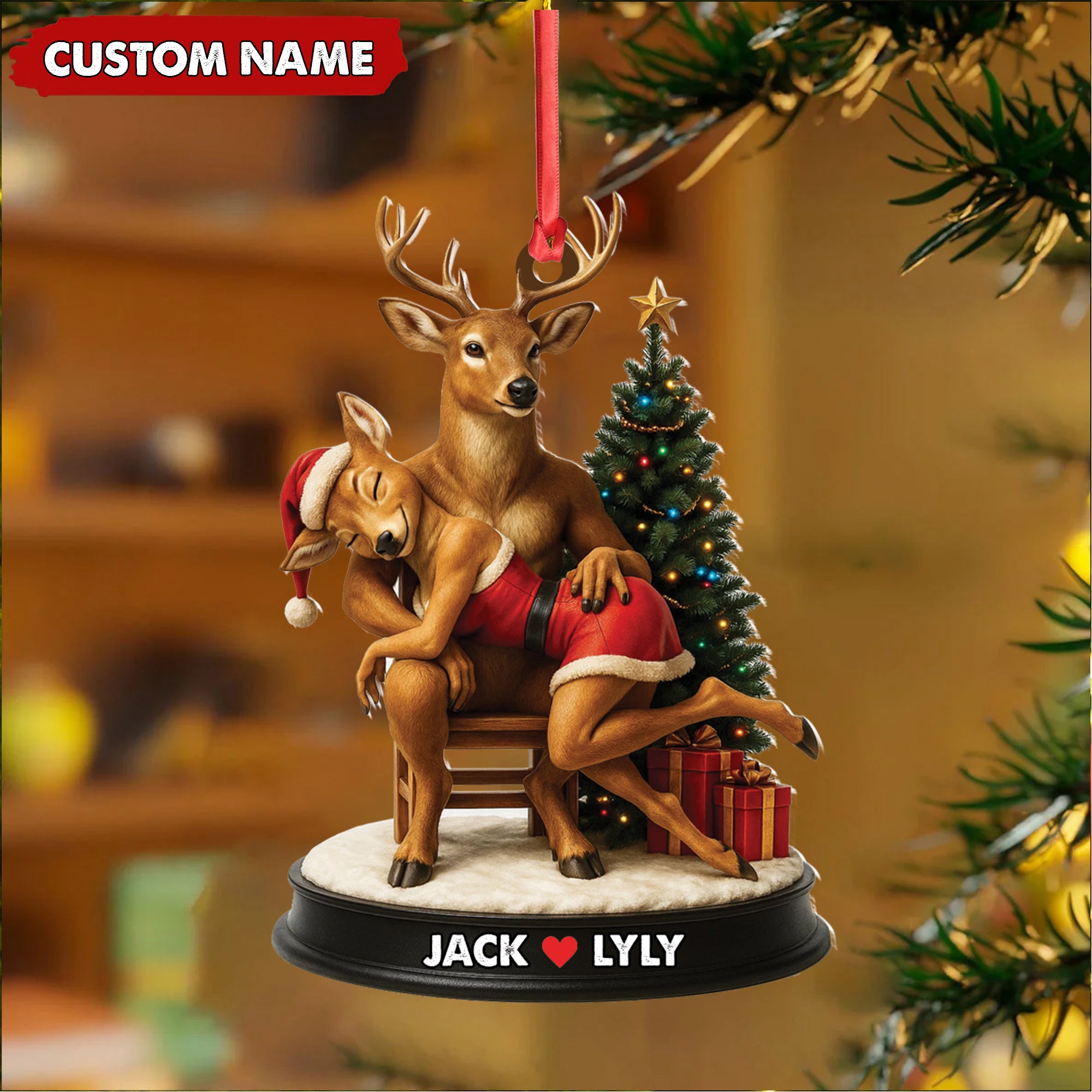 Personalized Acrylic Deer Couple Christmas Ornament – Romantic Holiday Decor for Couples & Wildlife Lovers