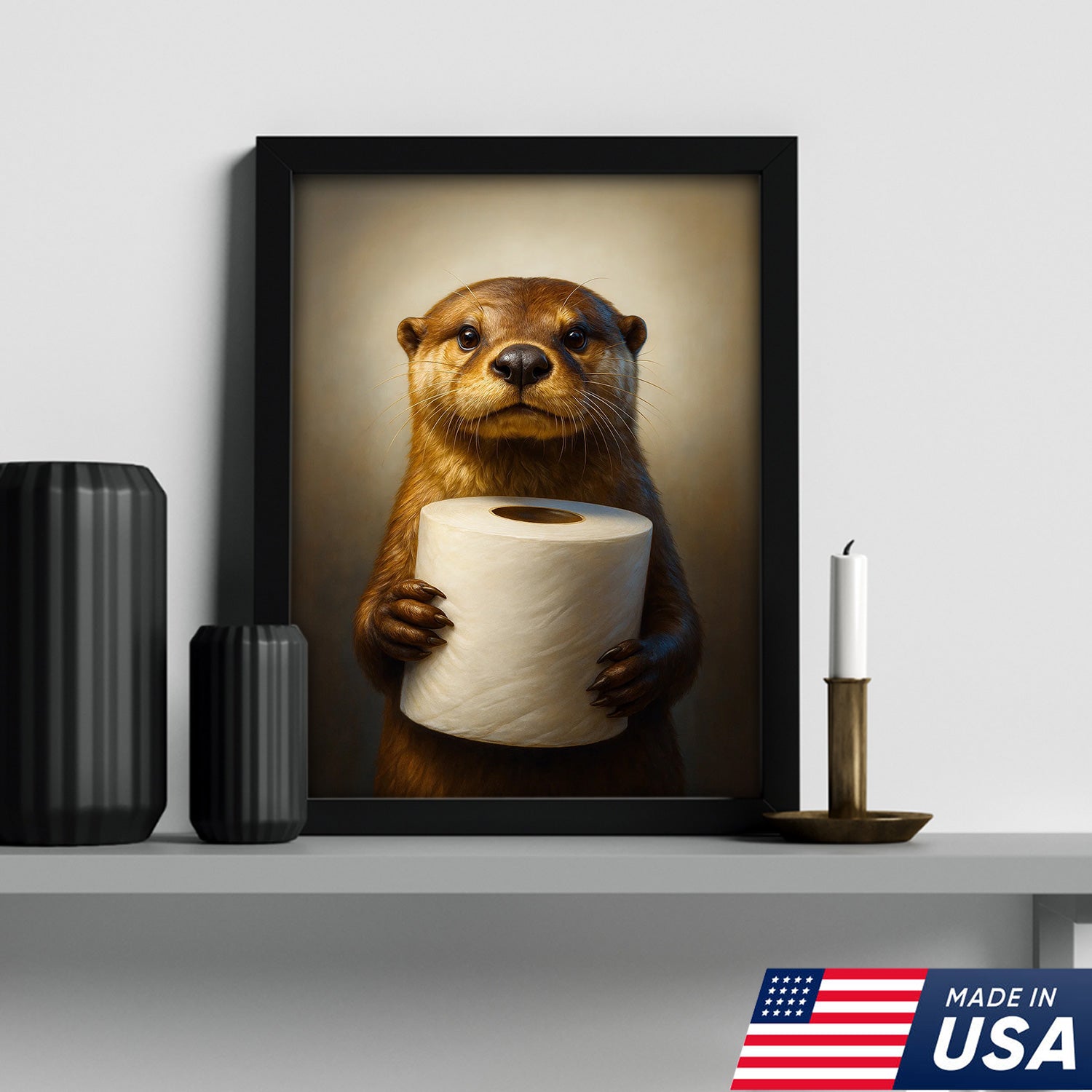 Funny Otter Canvas Wall Art - Cute Bathroom Decor with Toilet Paper - Rustic Wildlife Print