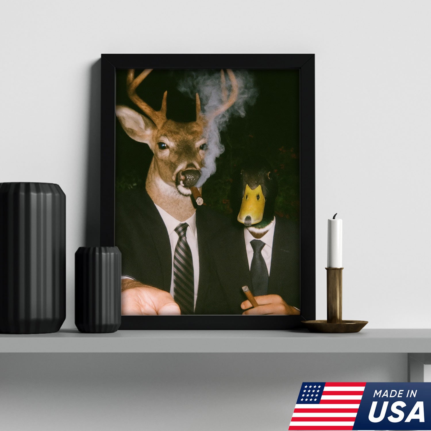 Funny Deer and Duck Canvas Wall Art - Hilarious Animal Duo in Suits - Unique Wildlife Artwork for Home Decor