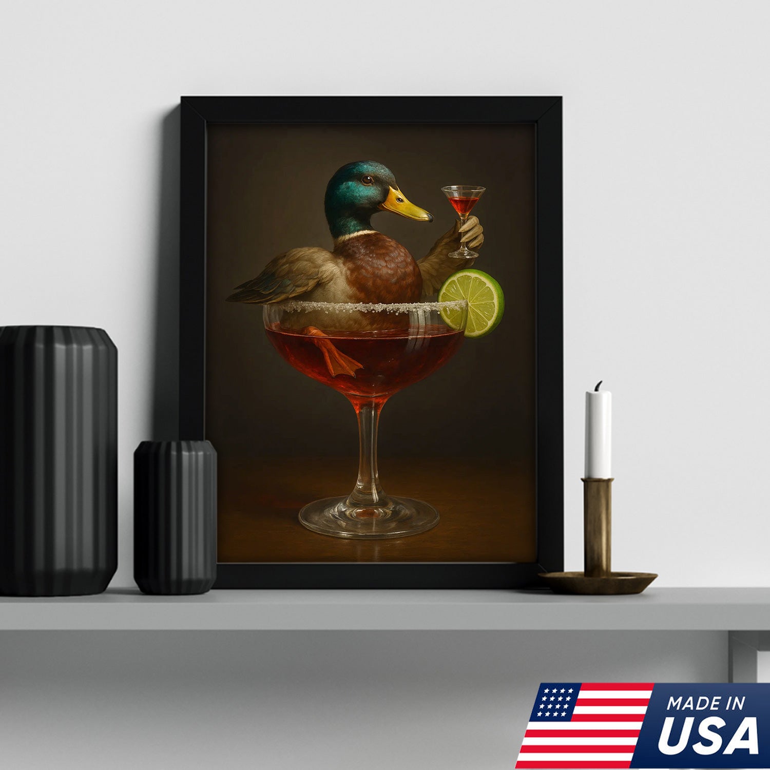 Funny Mallard Duck Canvas Wall Art - Quirky Animal in Cocktail Glass Design - Unique Wildlife Artwork for Home Decor