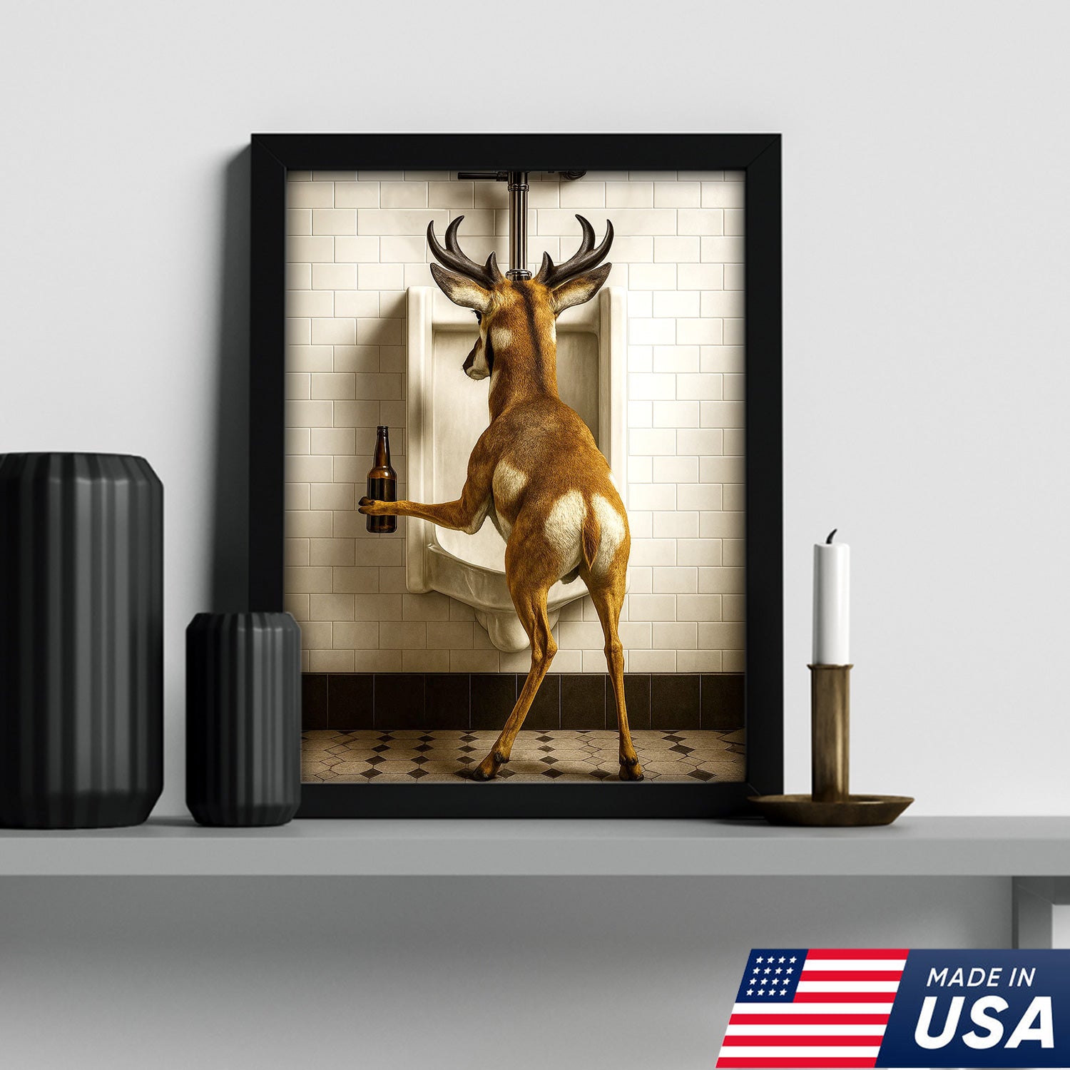 Funny Pronghorn Canvas Wall Art - Rustic Bathroom Lodge Decor for Hunters - Unique Wildlife Cabin Print