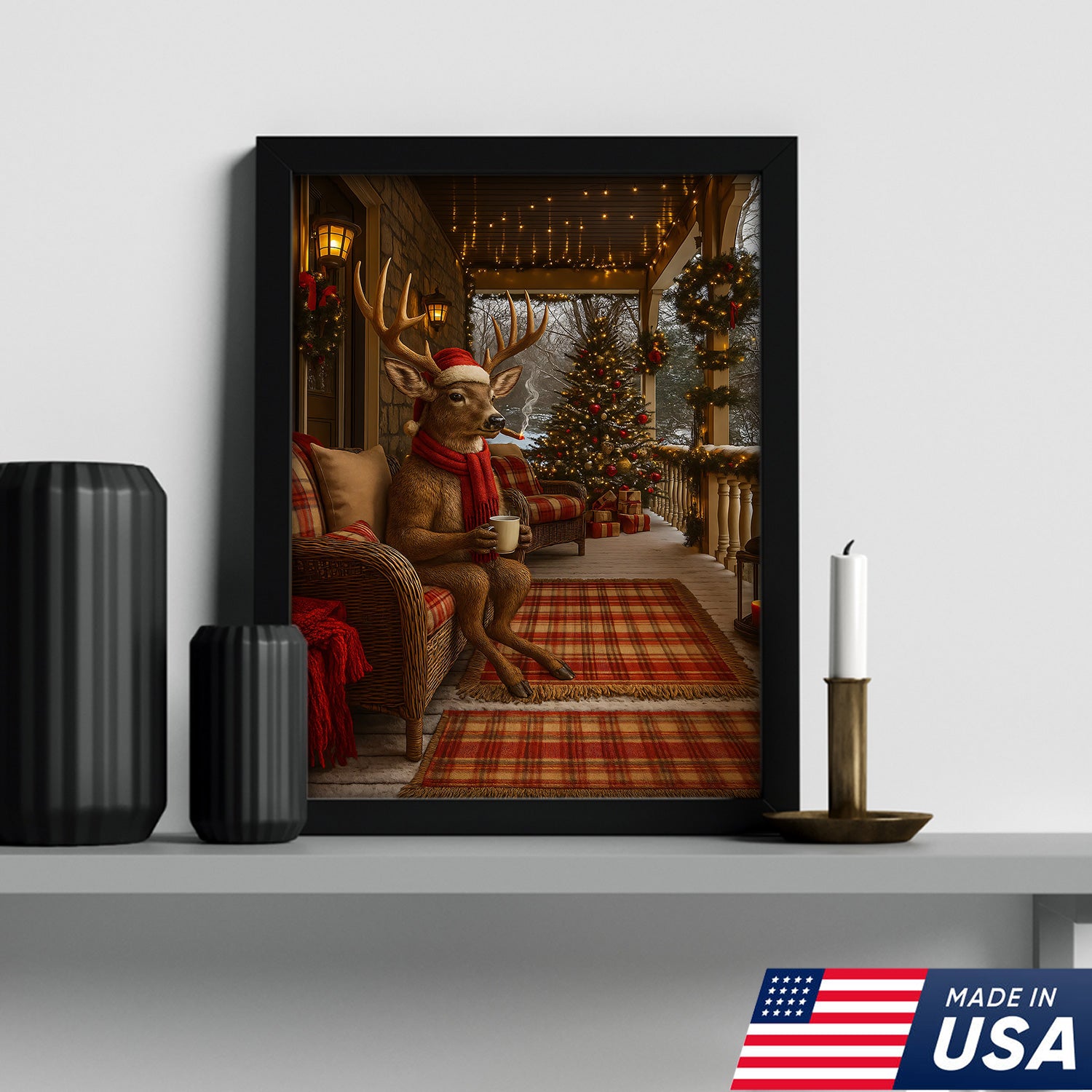 Christmas Deer Porch Canvas Wall Art, Cozy Cabin Reindeer With Scarf Holiday Print, Rustic Plaid Farmhouse Christmas Decor