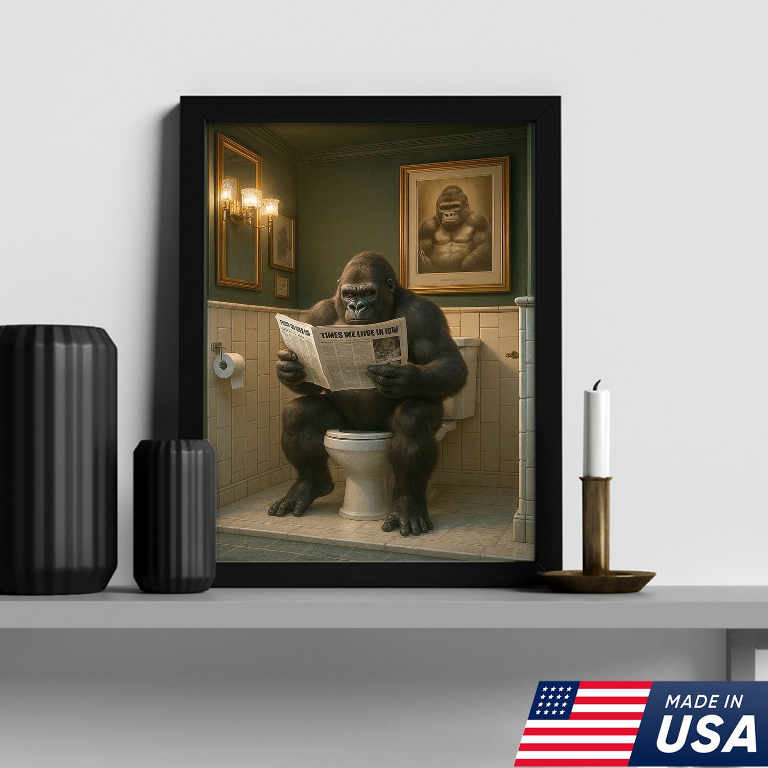 Funny Gorilla Bathroom Wall Art Canvas, Toilet Humor Decor for Men’s Restroom