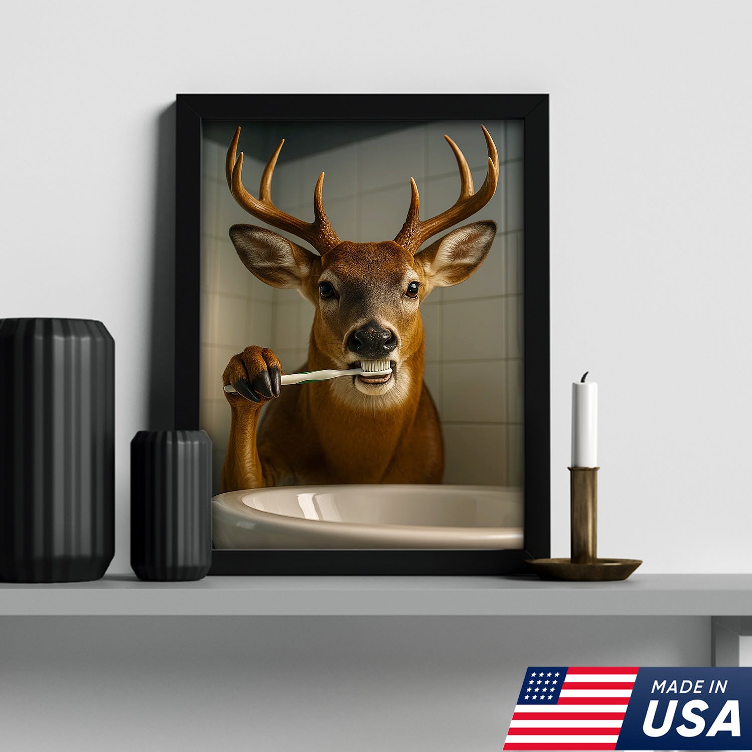 Deer Canvas Wall Art – Funny Buck Brushing Teeth Unique Bathroom Decor for Hunters