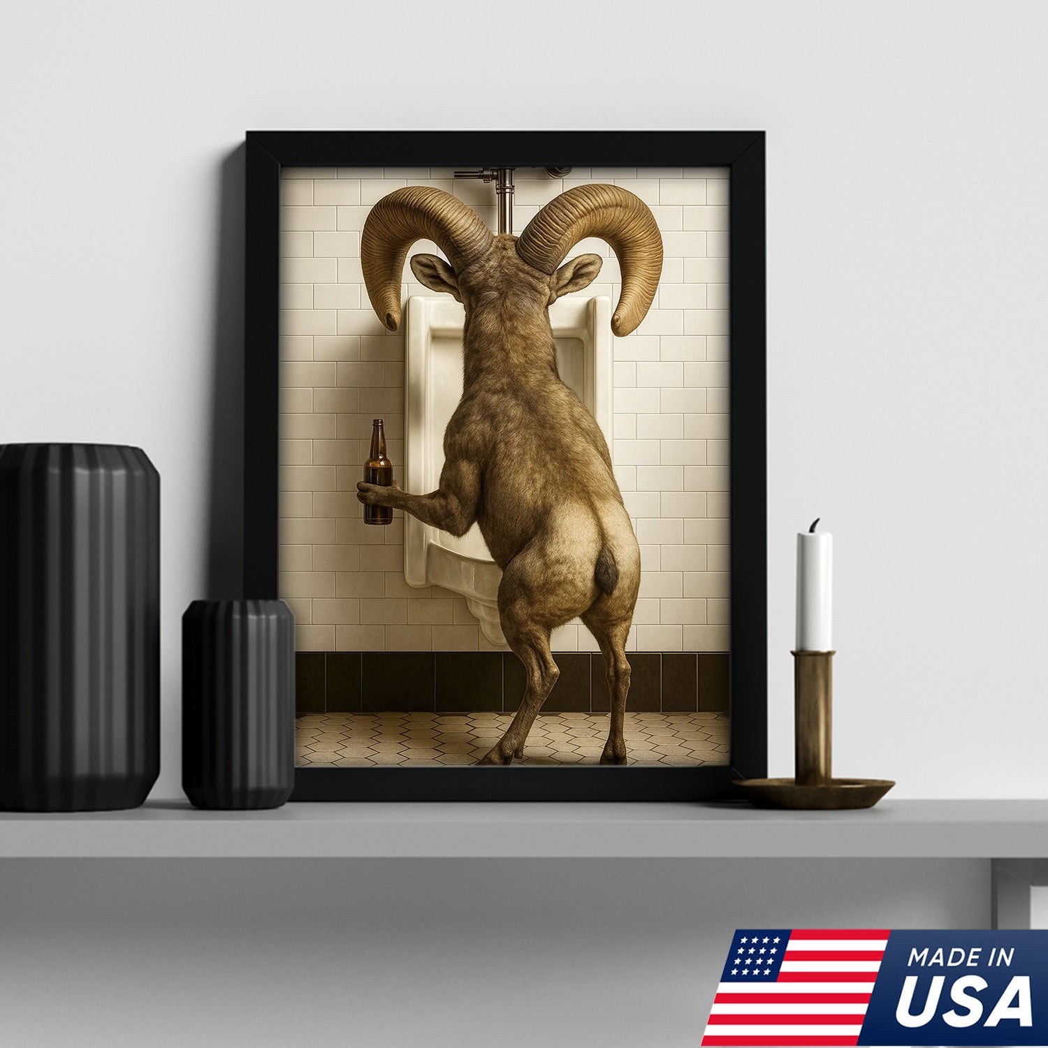 Humorous Big Horn Sheep Canvas Wall Art - Rustic Lodge Bathroom Decor for Cabin and Farmhouse - Wildlife Lover Gift