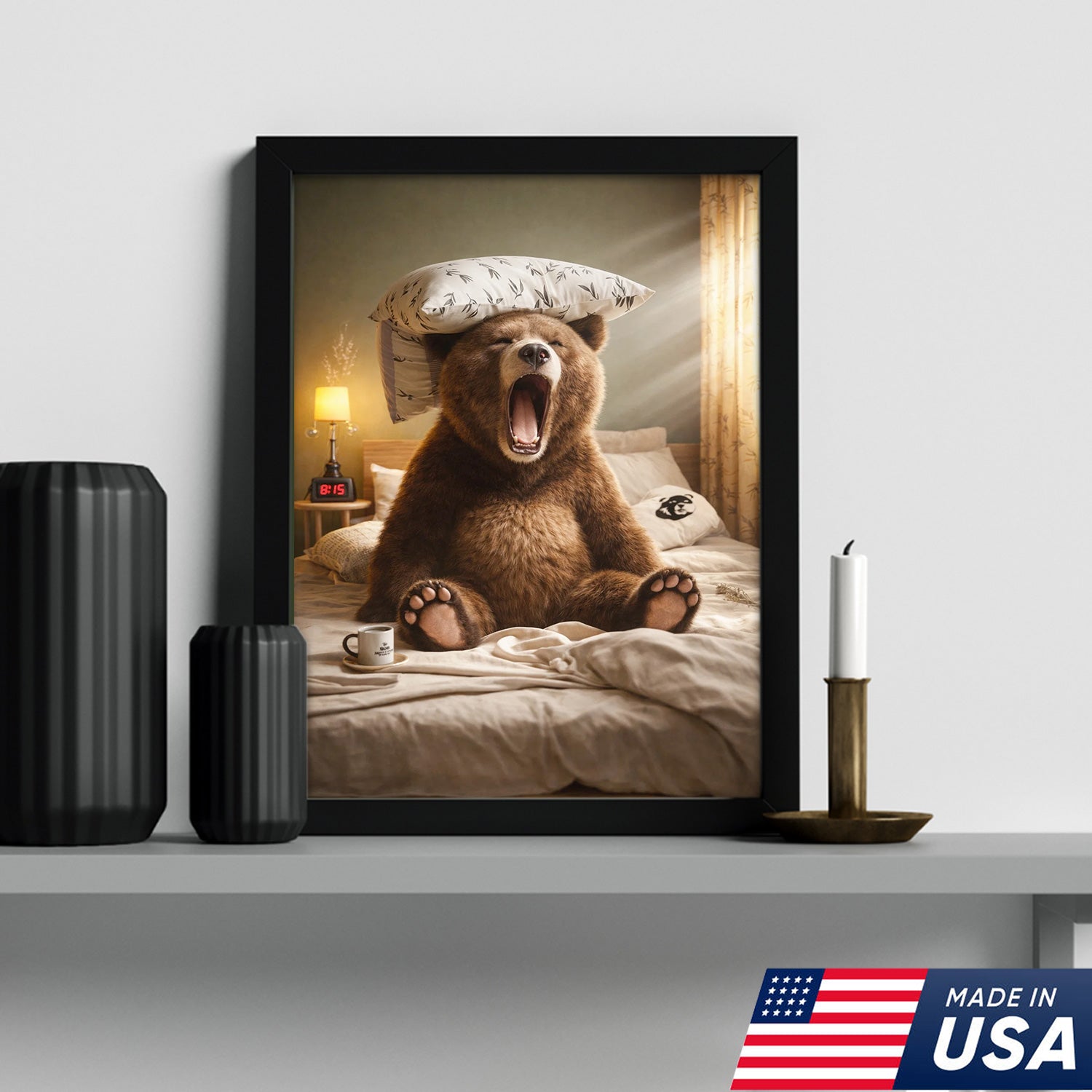 Funny Sleepy Bear Canvas Wall Art, Yawning Bear in Bed with Pillow, Cozy Bedroom Animal Art