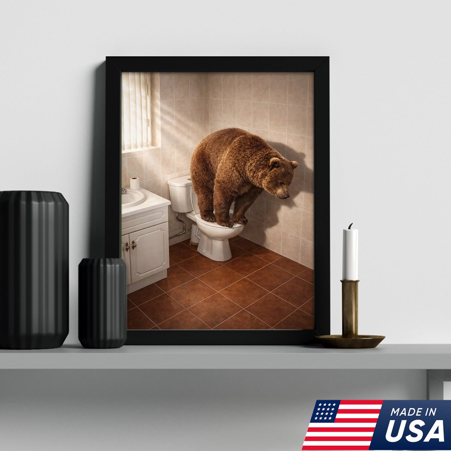 Funny Bear Toilet Canvas, Bathroom Humor Wall Art, Animal Decor