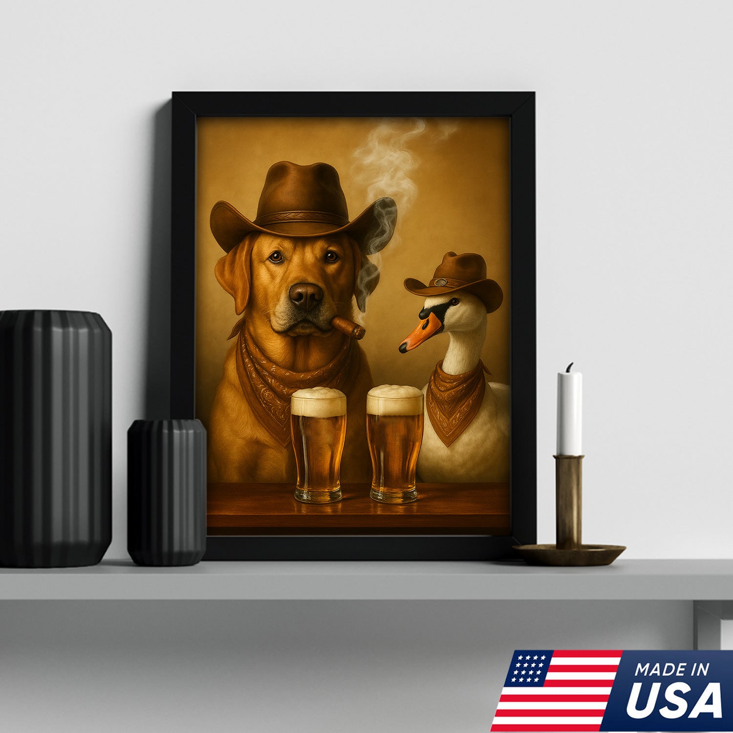 Funny Cowboy Dog & Geese Wall Art Canvas – Funny Beer & Smoking Canvas for Hunters, Cabin, Bar & Man Cave Decor