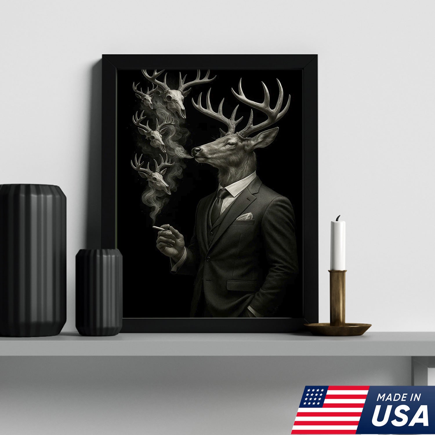 Gentleman Deer Canvas Wall Art, Elegant Buck in Suit Artwork, Rustic Cabin Decor for Hunters, Modern Wildlife Portrait Painting