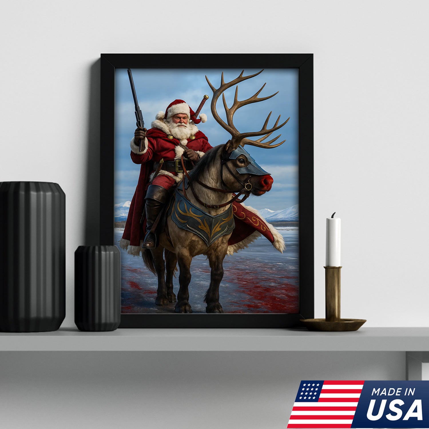Epic Santa Riding Reindeer Canvas Wall Art, Fantasy Warrior Santa on Armored Reindeer Poster, Winter Christmas Wall Decor Print
