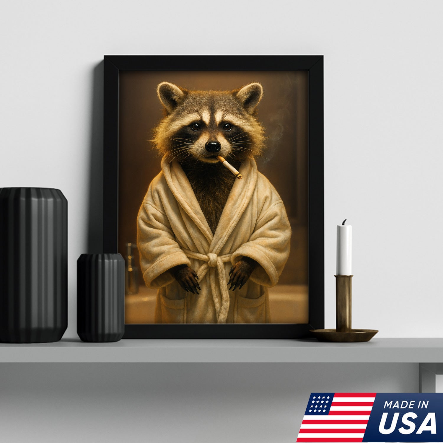 Hilarious Raccoon Bathrobe Canvas – Cozy Bathroom Humor Wall Art, Man Cave Decor