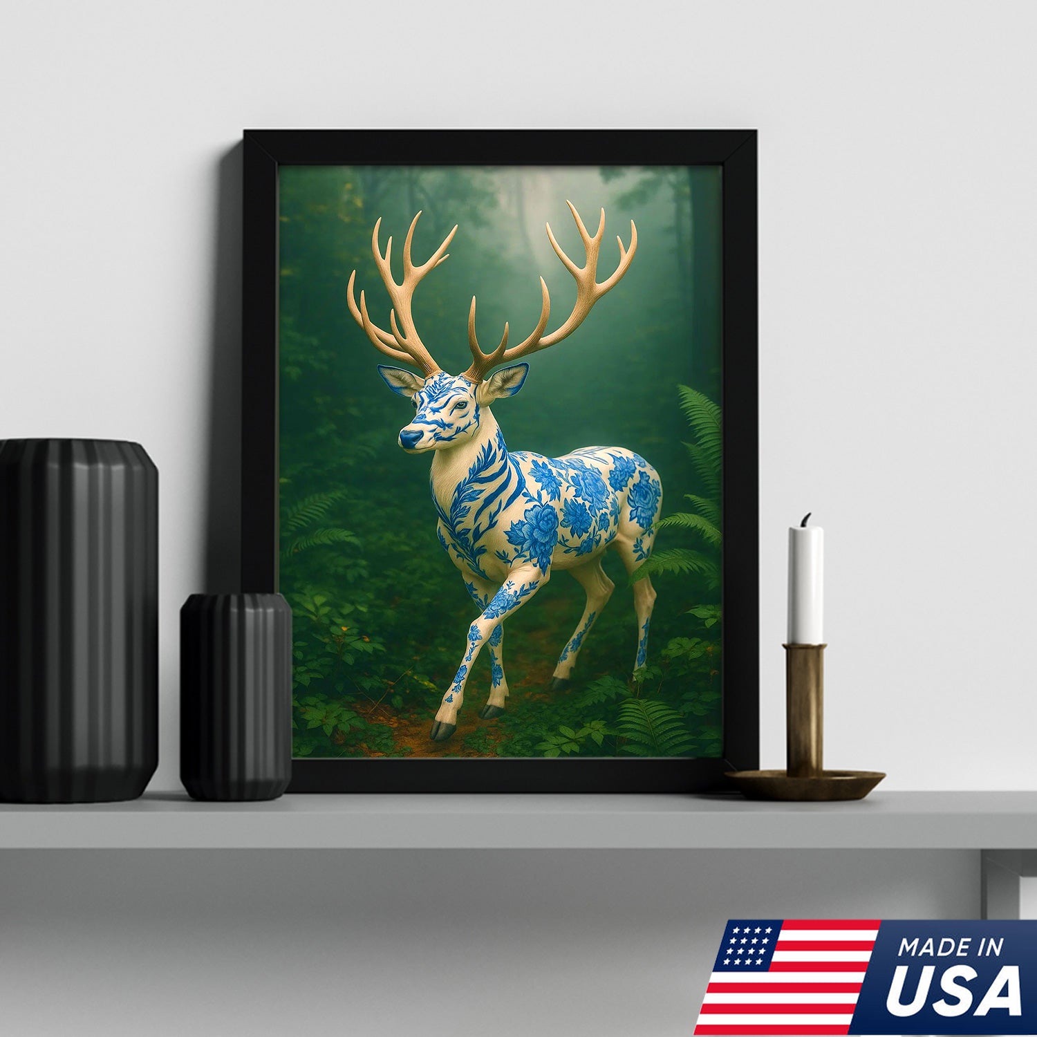 Blue Porcelain Deer Canvas, Elegant Woodland Art Print for Nature Lovers