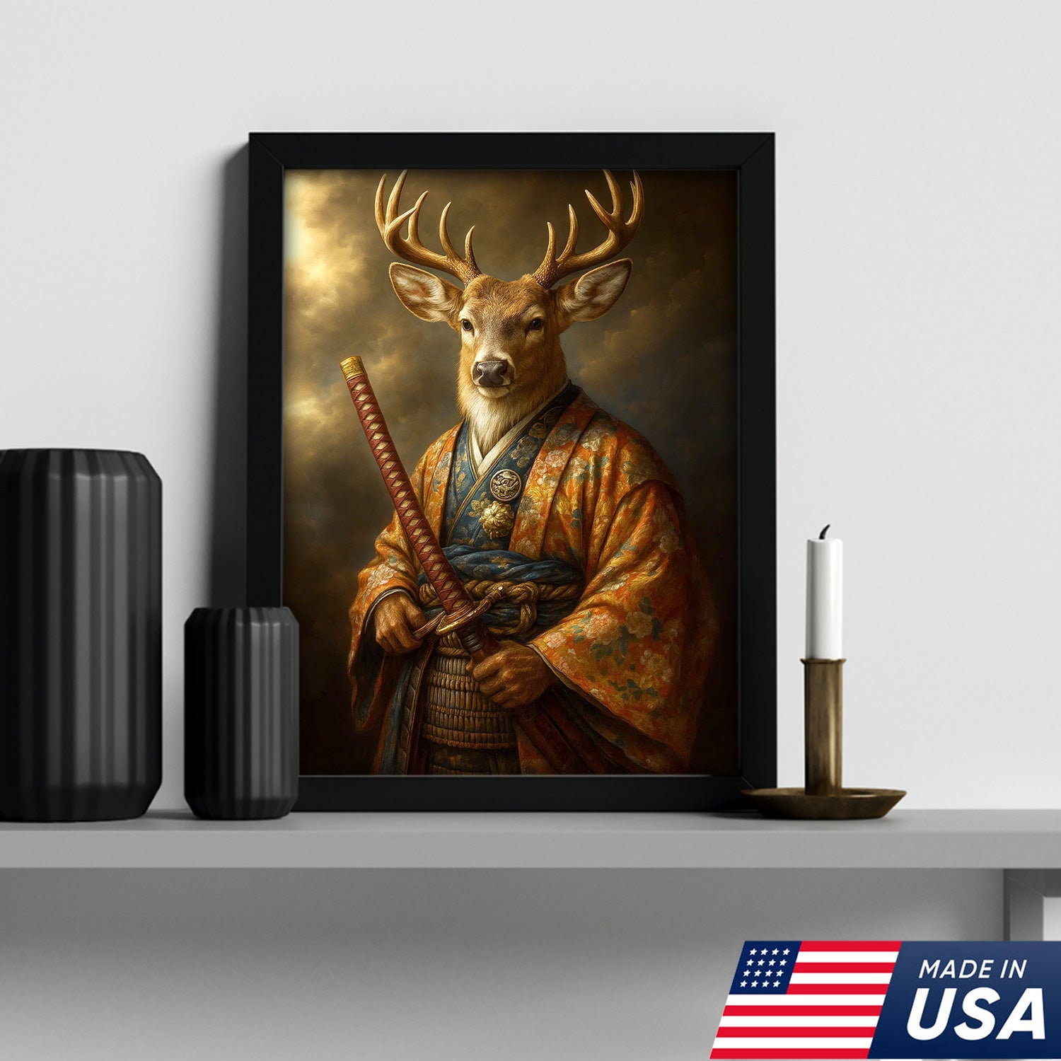 Deer Canvas Wall Art – Majestic Samurai Buck with Katana Warrior Rustic Lodge Decor
