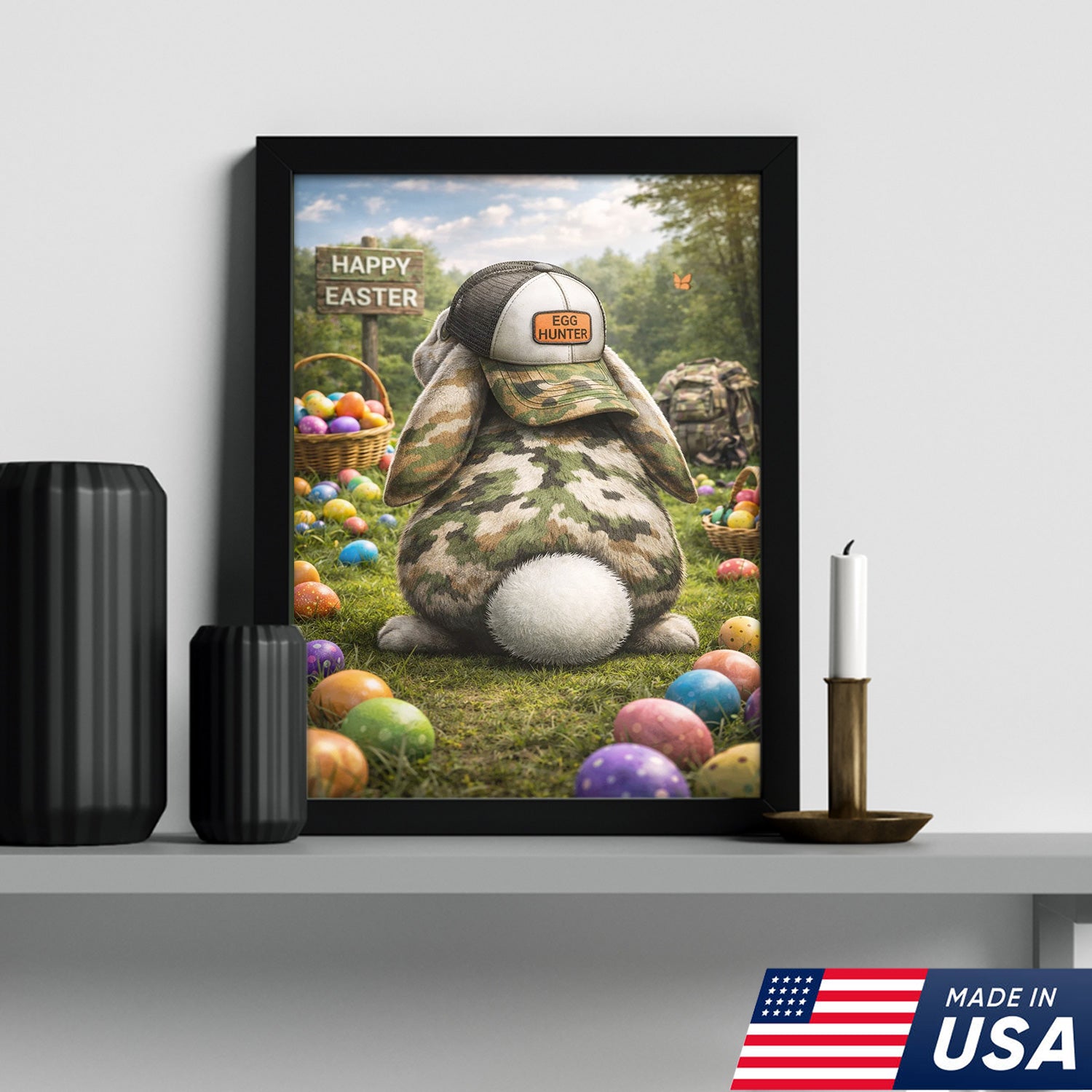 Funny Easter Bunny Hunter Canvas Wall Art, Camo Rabbit with Egg Hunter Hat
