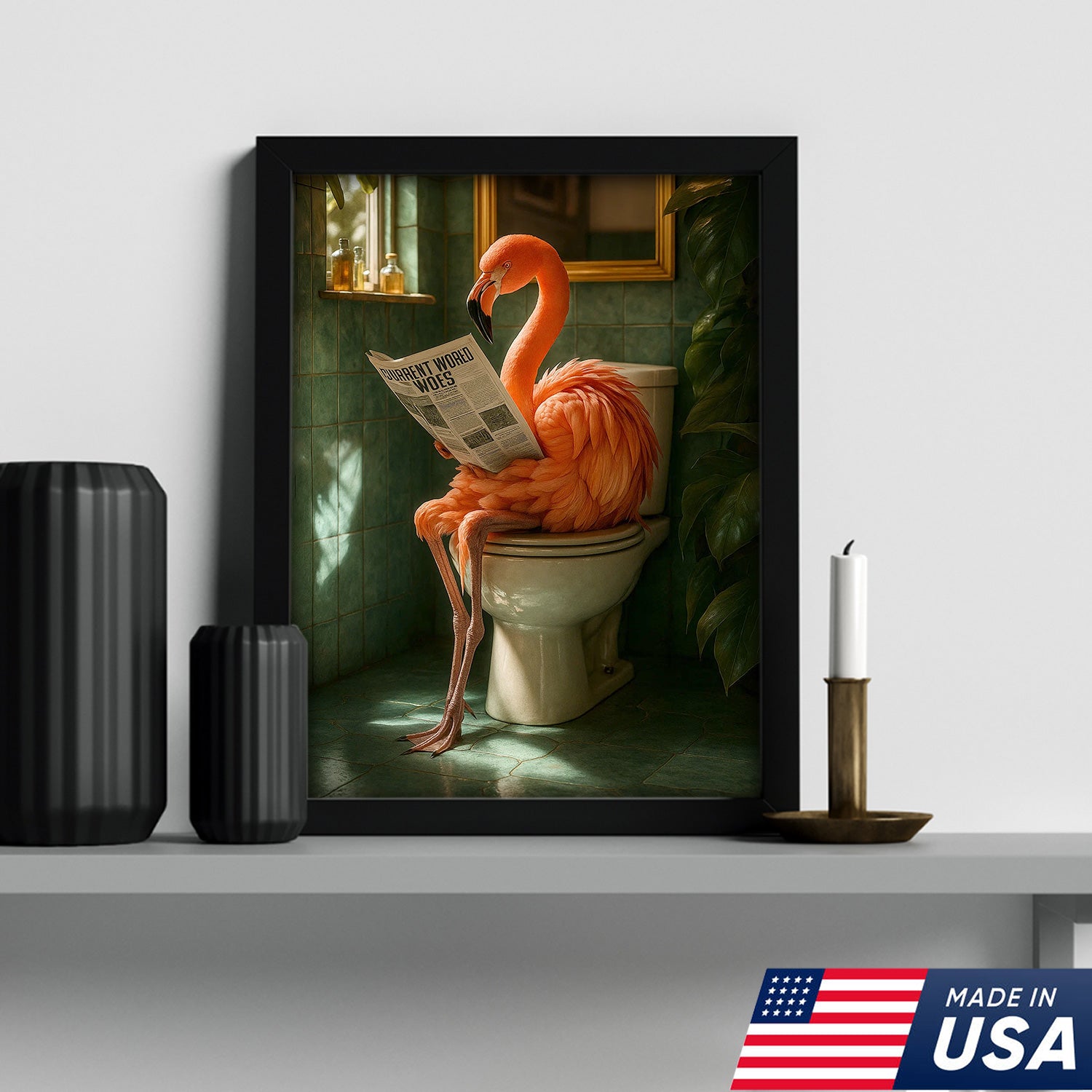 Funny Flamingo Bathroom Canvas Wall Art – Quirky Bird Reading Newspaper Print – Humorous Home Decor