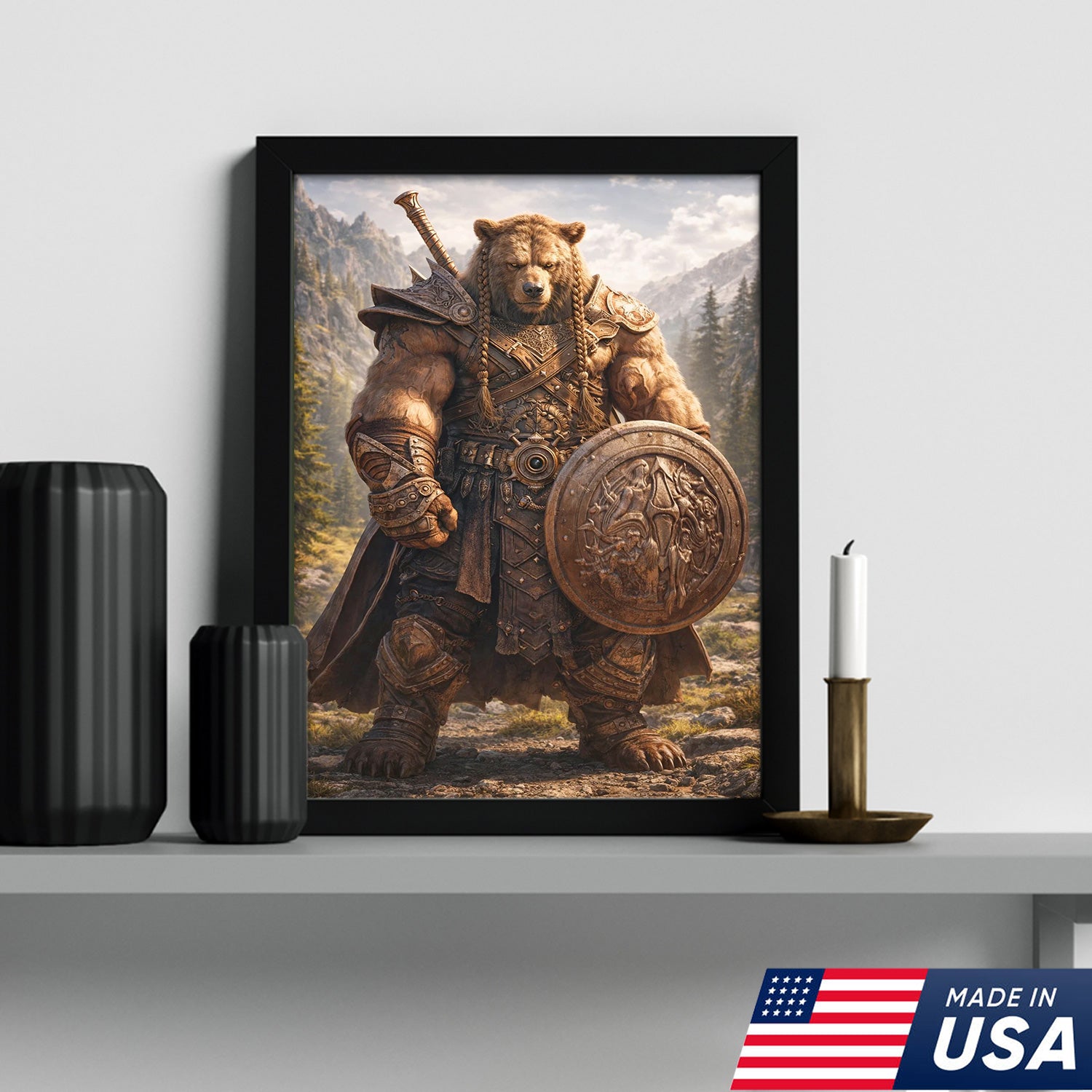 Viking Bear Warrior Canvas Wall Art – Epic Fantasy Animal Print with Sword & Shield