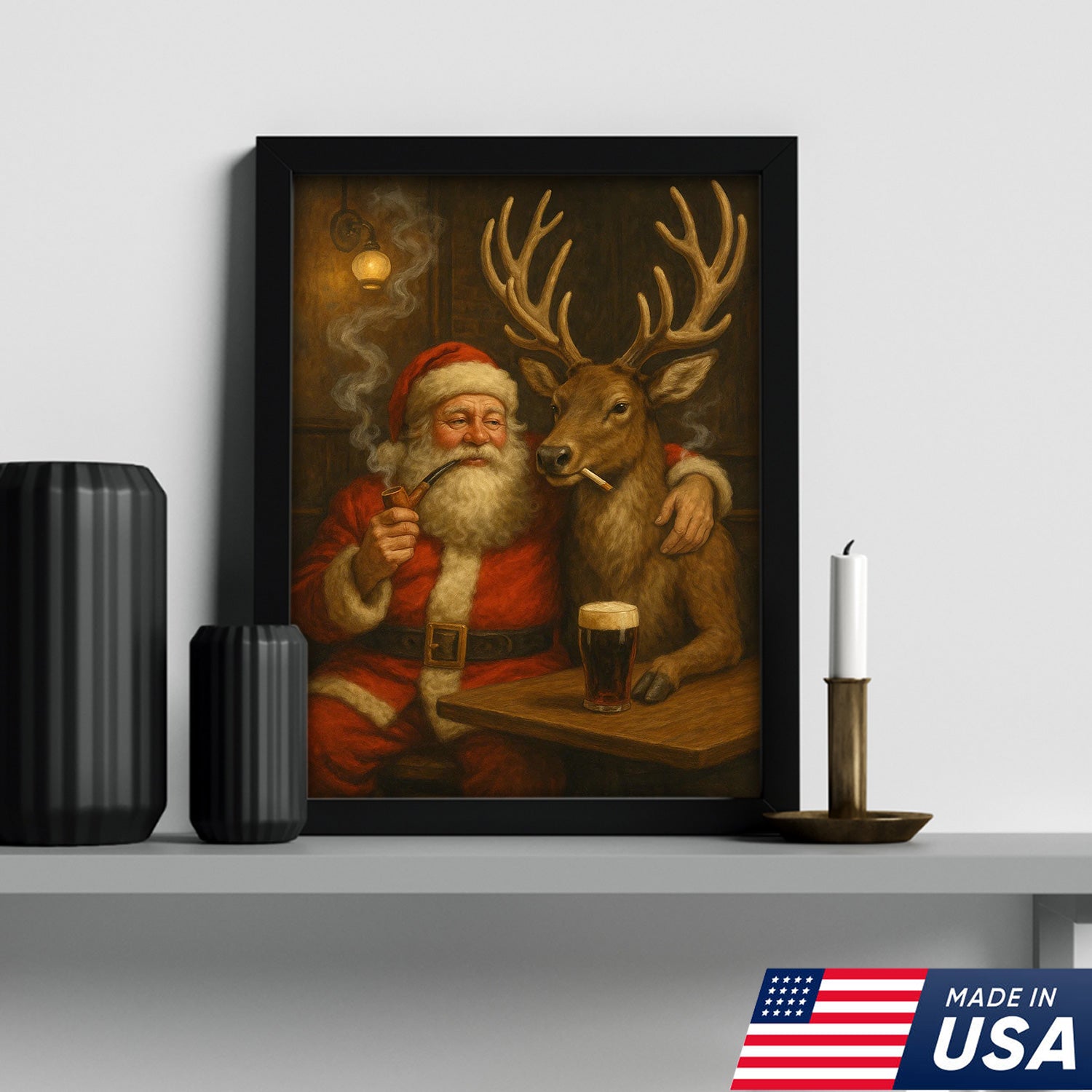 Funny Santa and Reindeer Wall Art Canvas – Rustic Christmas Lodge Decor – Holiday Deer Hunting Theme