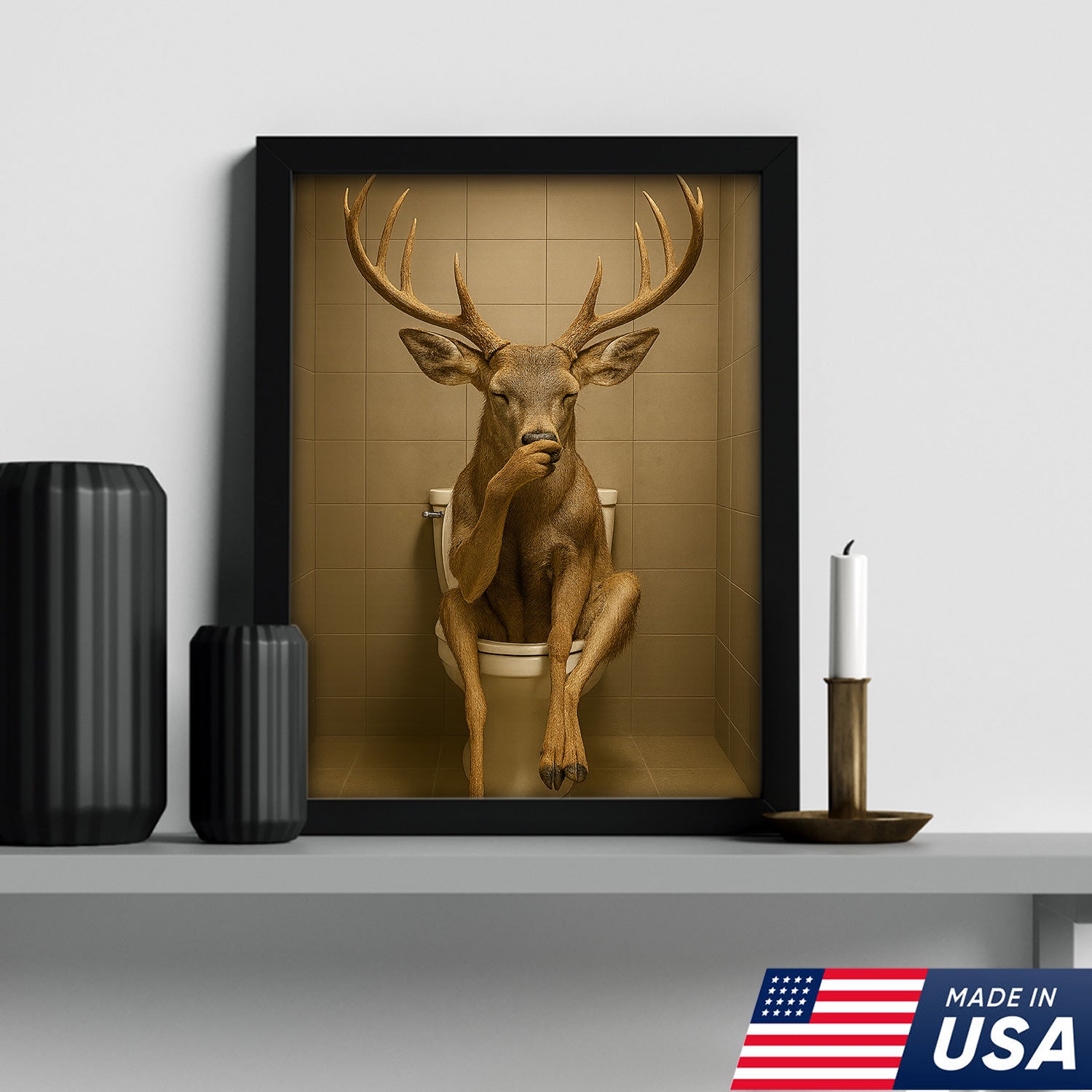 Funny Deer Bathroom Canvas Wall Art – Rustic Toilet Canvas for Cabin, Lodge & Man Cave Decor