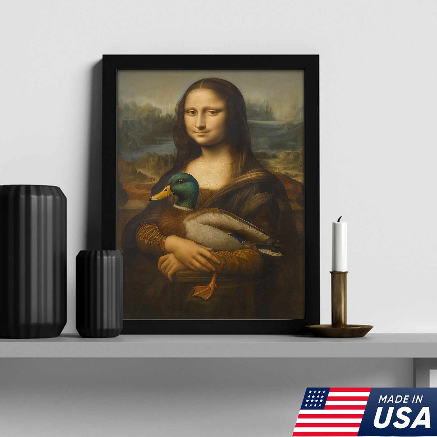Funny Mona Lisa Duck Canvas Wall Art, Quirky Parody Painting Print for Bathroom or Office