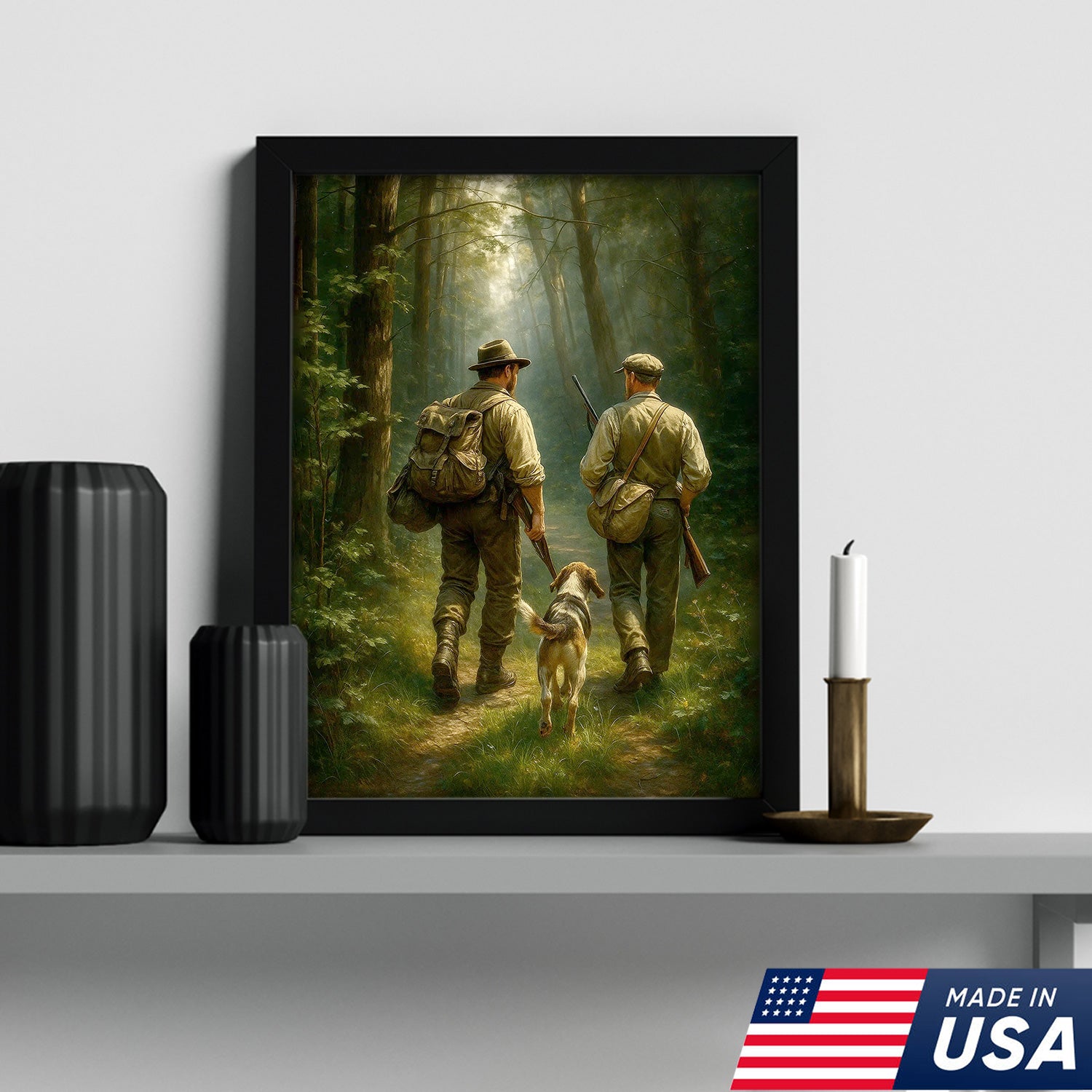 Hunting Canvas Wall Art – Hunters Walking with Dog in Forest – Rustic Cabin Decor for Lodge and Outdoor Enthusiasts