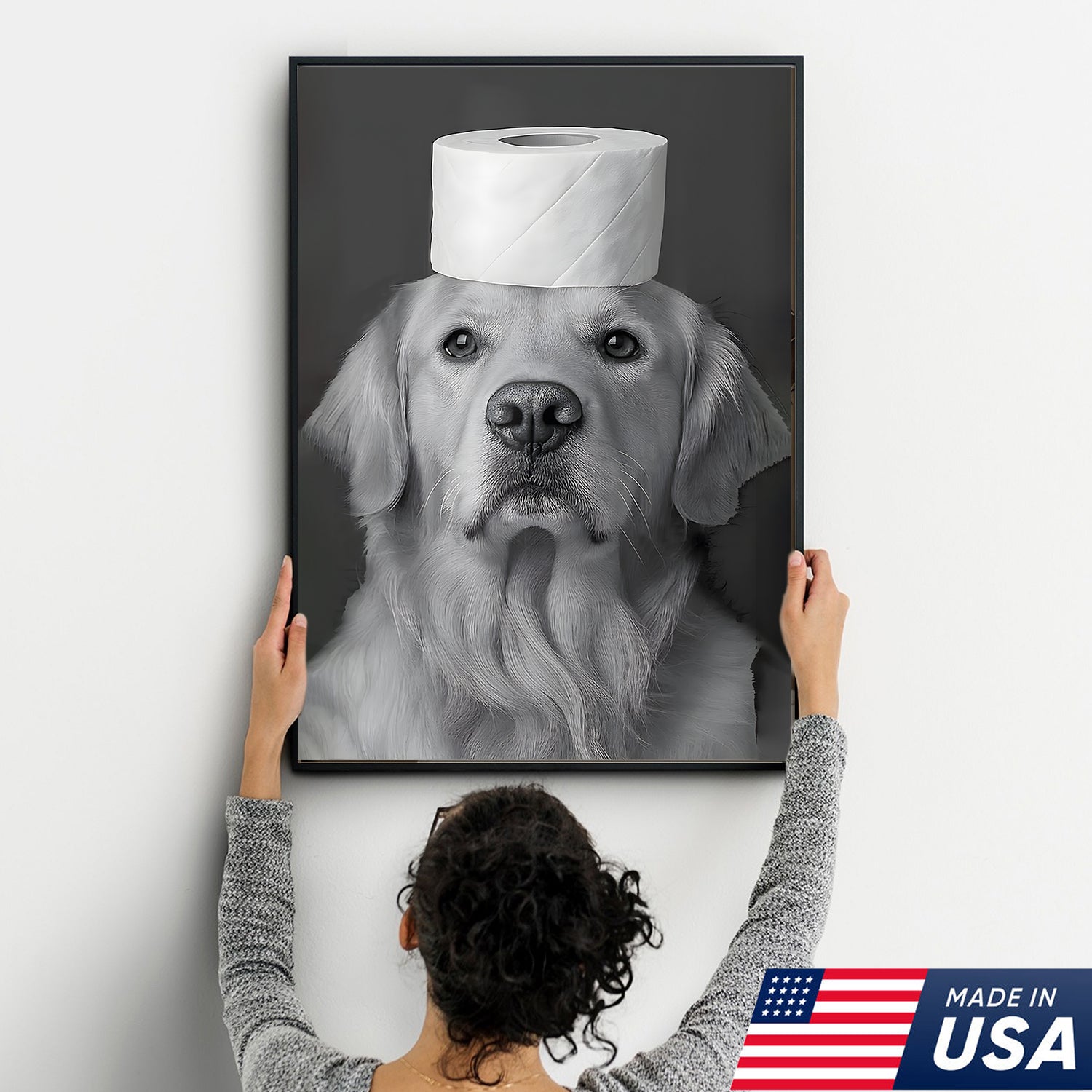 Funny Dog Bathroom Triptych Canvas Wall Art Set, Black and Golden Retriever Bath Humor