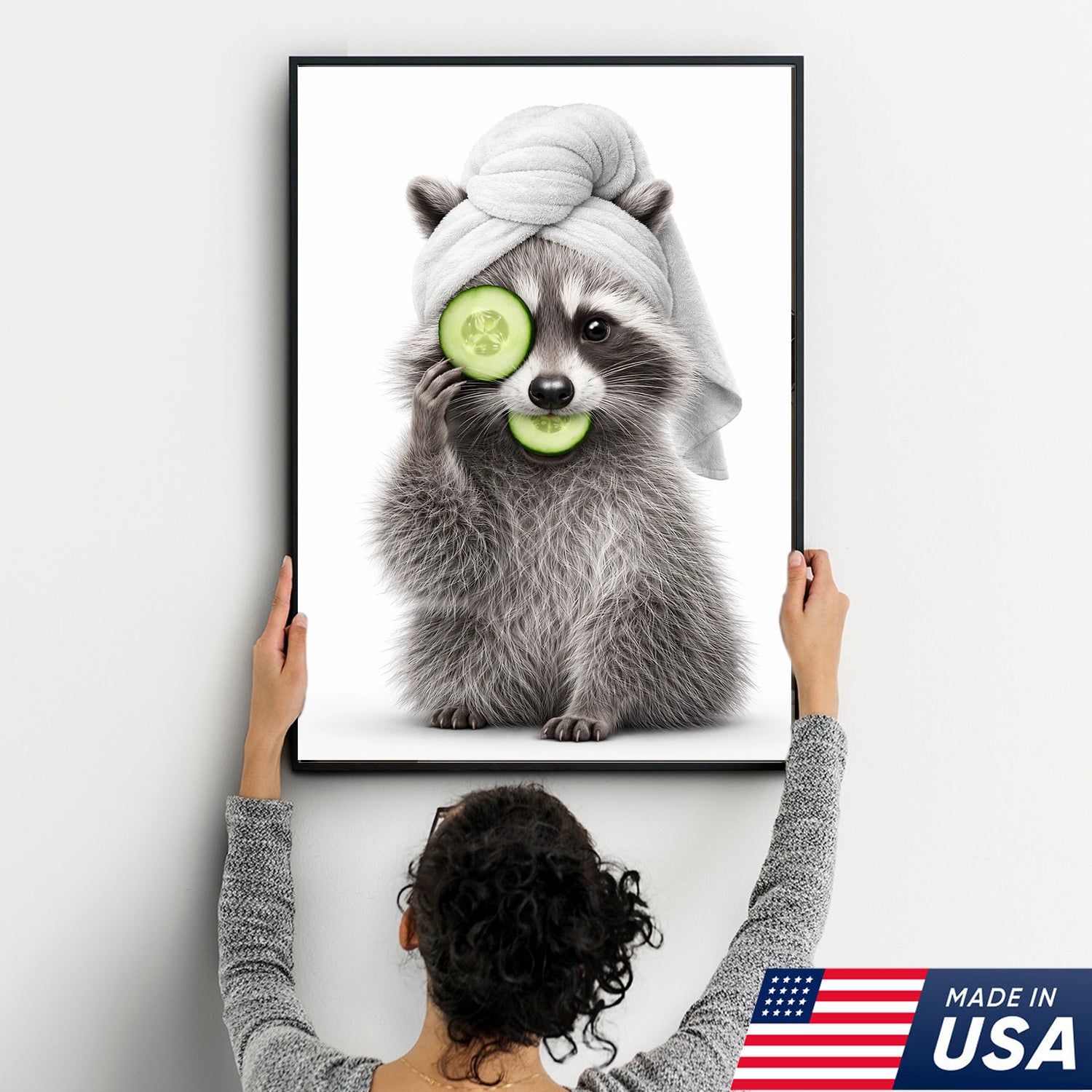 Funny Raccoon Wall Art Canvas Set, Cute Animal Bathroom Humor Triptych Print