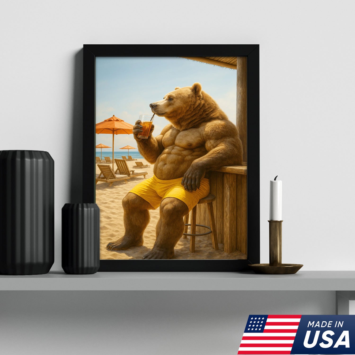 Funny Beach Bear Canvas Wall Art, Summer Vacation Animal Artwork, Humorous Muscle Bear Decor, Tropical Coastal Cabin Painting