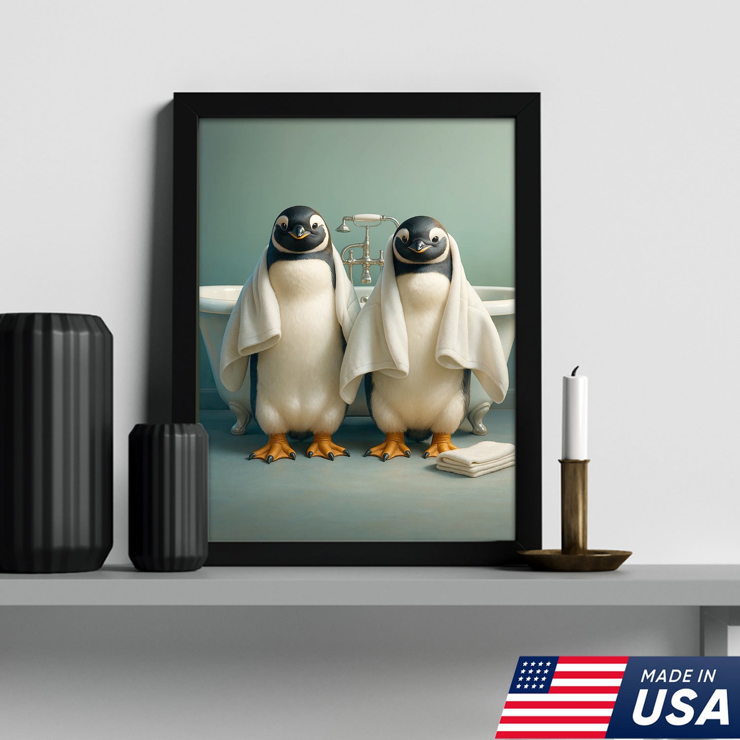Cute Penguin Twins Bathroom Wall Art Canvas, Adorable Towel Penguins Kids Bath Decor