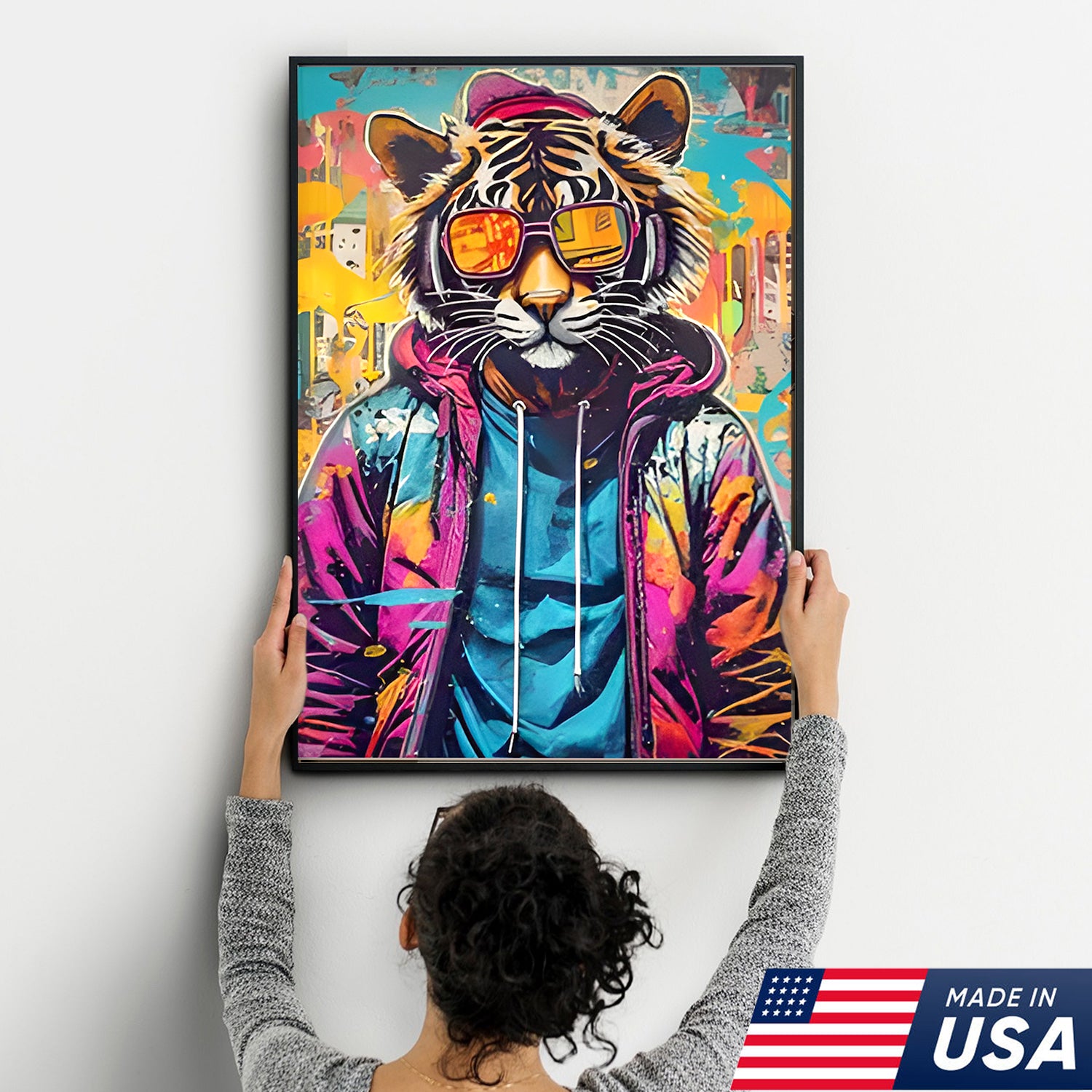 Neon Graffiti Animals Triptych Canvas Wall Art Set, Tiger Bear Gorilla Street Art Prints