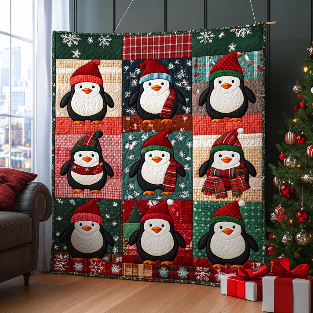 Christmas Penguin Twinkle Lights Quilt Blanket