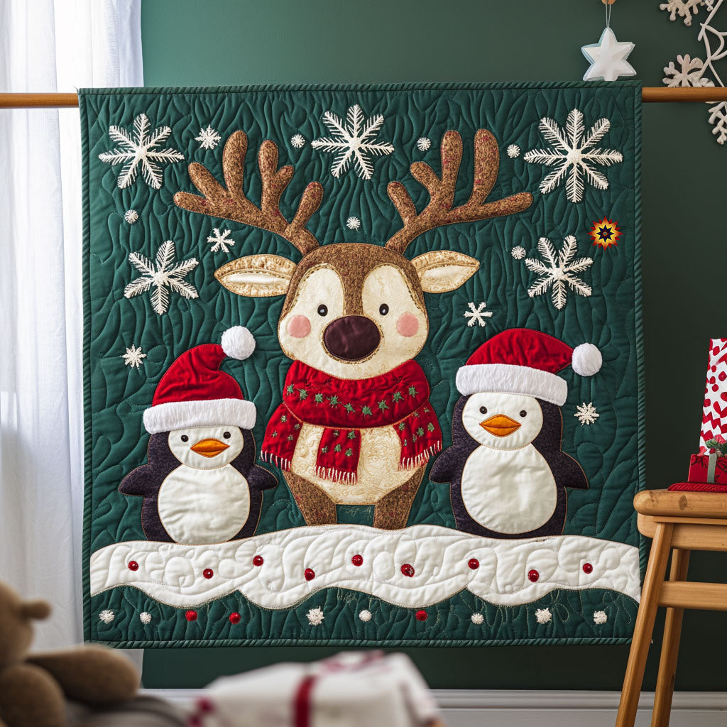 Christmas Reindeer And Penguin Rustic Comfort Quilt Blanket