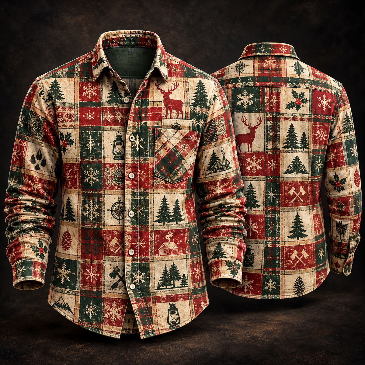 Woodsman Deer Axe Lantern Pine Tree Cabin Camping Patchwork Christmas Button Up - Long Sleeve Shirt with Pocket