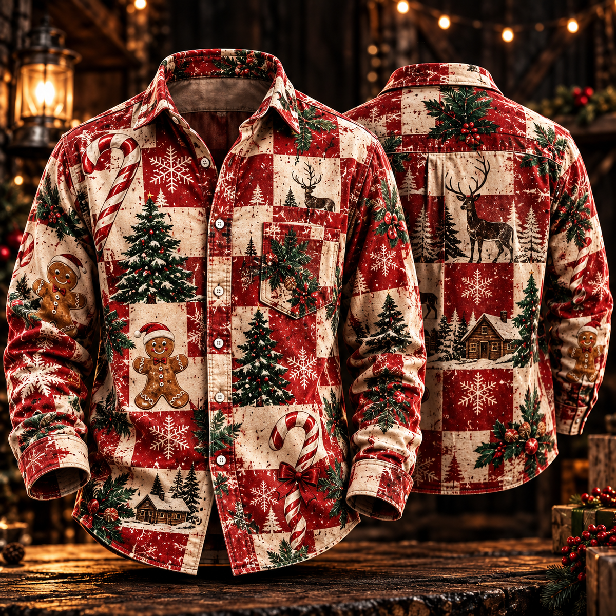 Gingerbread Cabin Deer Candy Cane Patchwork Rustic Christmas Button Up - Long Sleeve Shirt with Pocket
