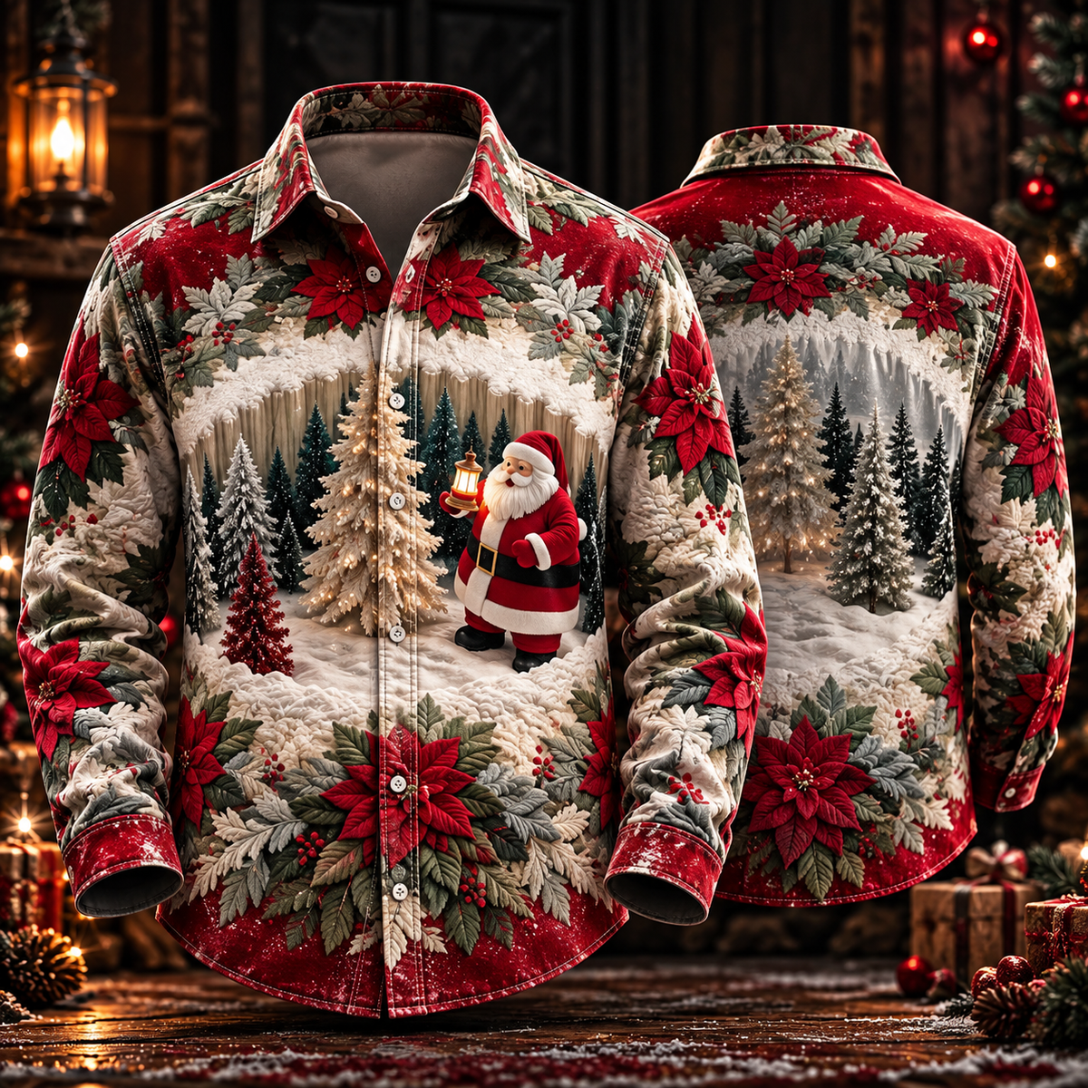 Santa Lantern Snowy Woods Poinsettia Christmas Tree Button Up - Long Sleeve Shirt with Pocket