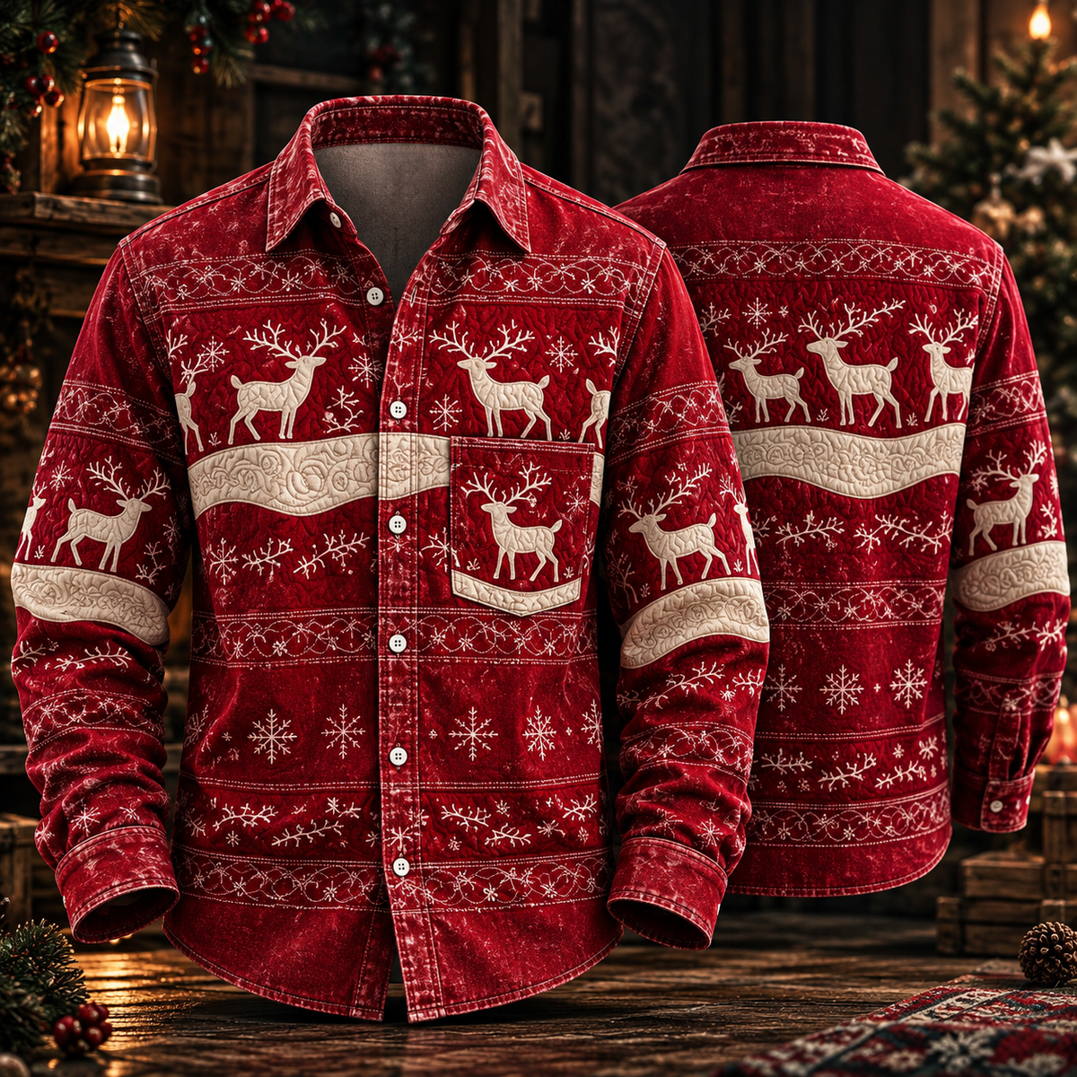 Reindeer Fair Isle Red Holiday Sweater Pattern Christmas Button Up - Long Sleeve Shirt with Pocket