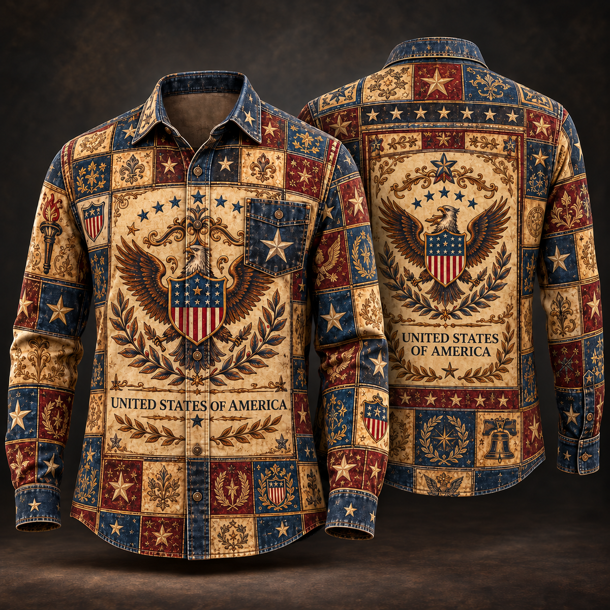 Eagle Shield United States Of America Vintage Patriotic Americana Button Up - Long Sleeve Shirt with Pocket