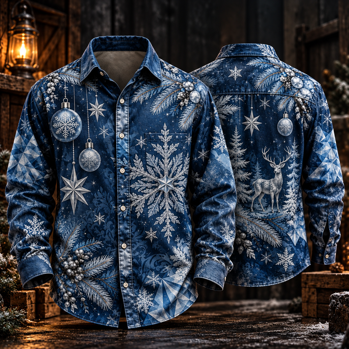 Silver Frost Snowflake Ornament Reindeer Winter Blue Christmas Button Up - Long Sleeve Shirt with Pocket
