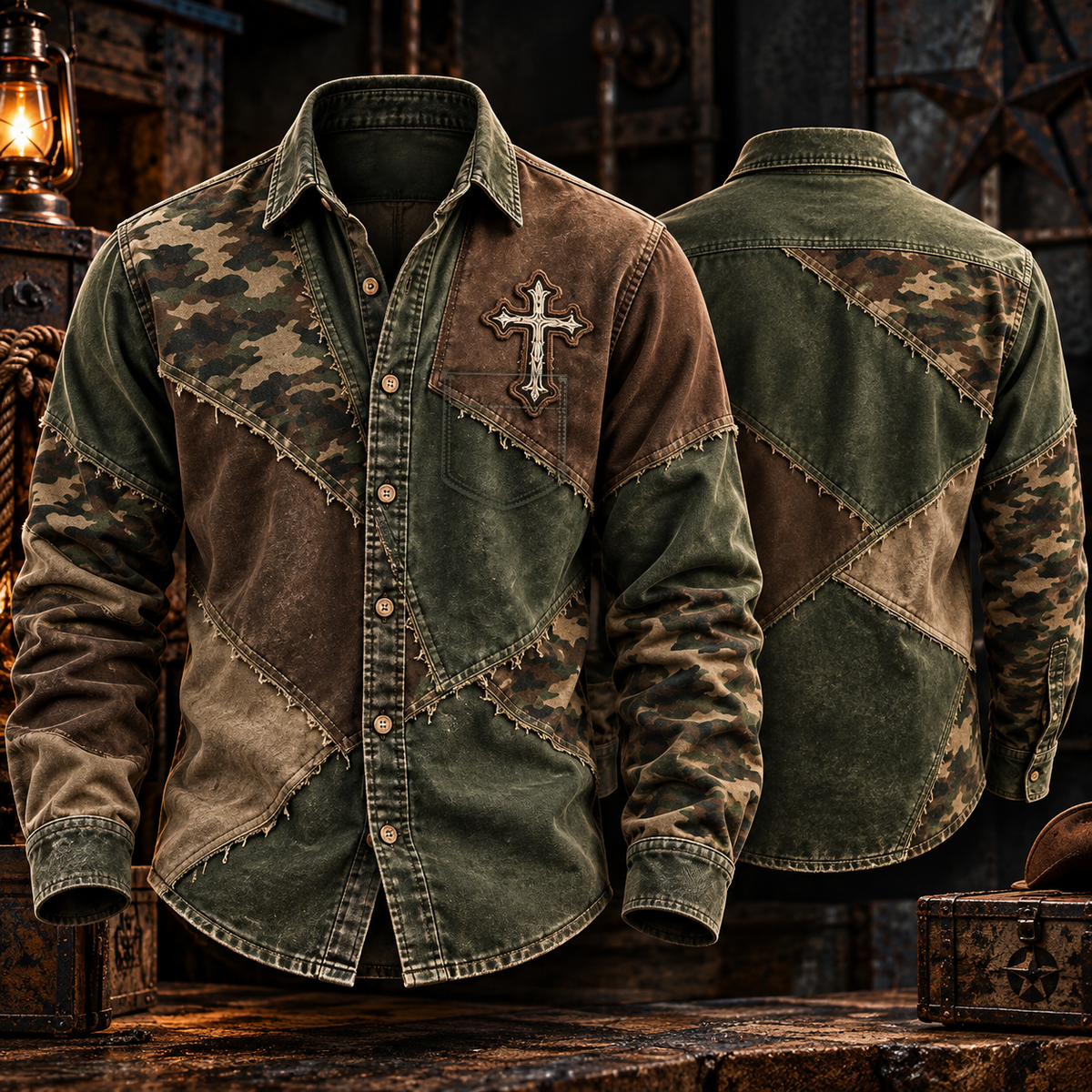 Camo Patchwork Christian Cross Western Hunting Button Up - Long Sleeve Shirt with Pocket