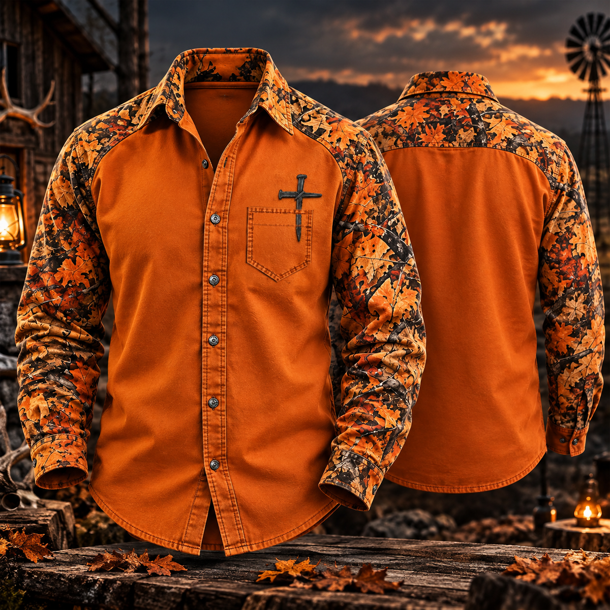 Blaze Orange Fall Camo Nail Cross Christian Hunting Button Up - Long Sleeve Shirt with Pocket