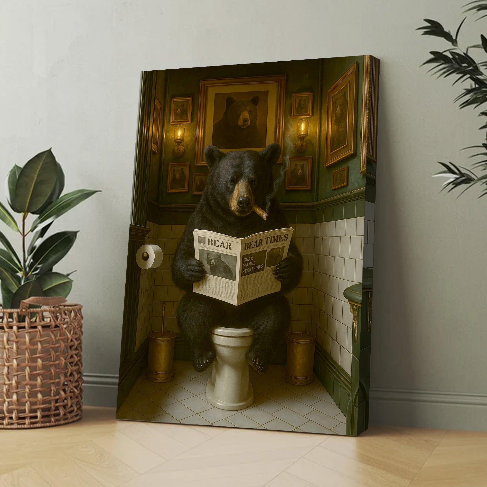 Funny Bear Hunting Bathroom Canvas – Black Bear On Toilet Reading Newspaper - Rustic Lodge Decor for Dad or Hunters