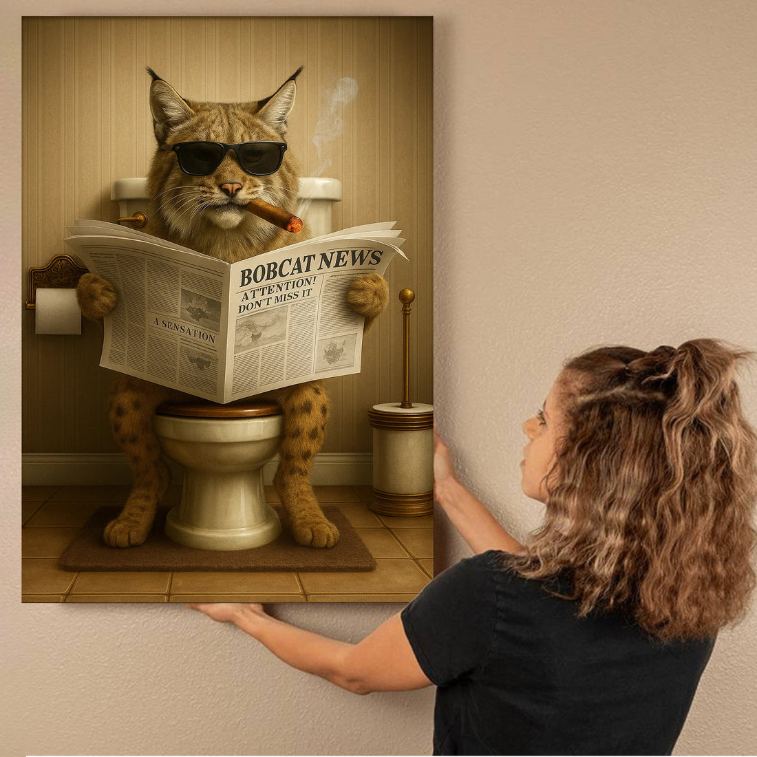 Funny Bobcat Bathroom Wall Art – Rustic Wildlife Decor for Men, Hunting Cabin Poster, Hilarious Gift for Dad